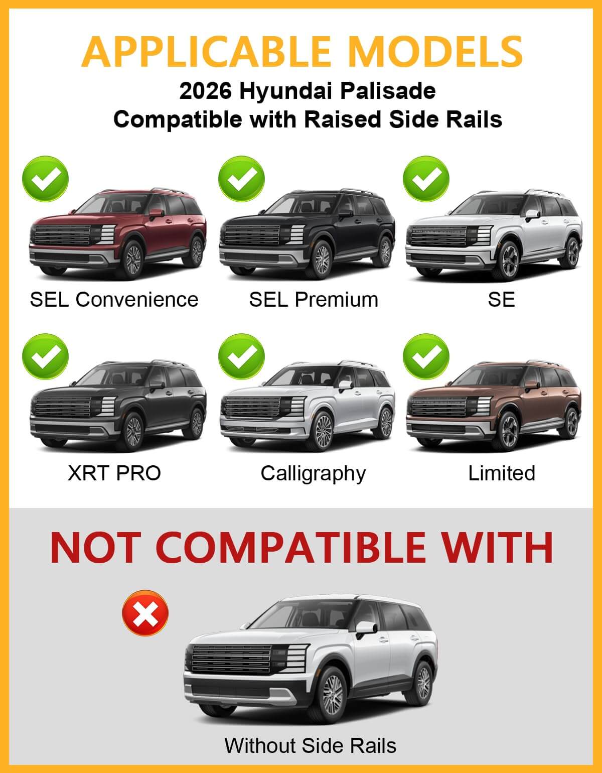 300lbs Roof Rack Cross Bars Compatible with Hyundai Palisade 2026 with Raised Rails