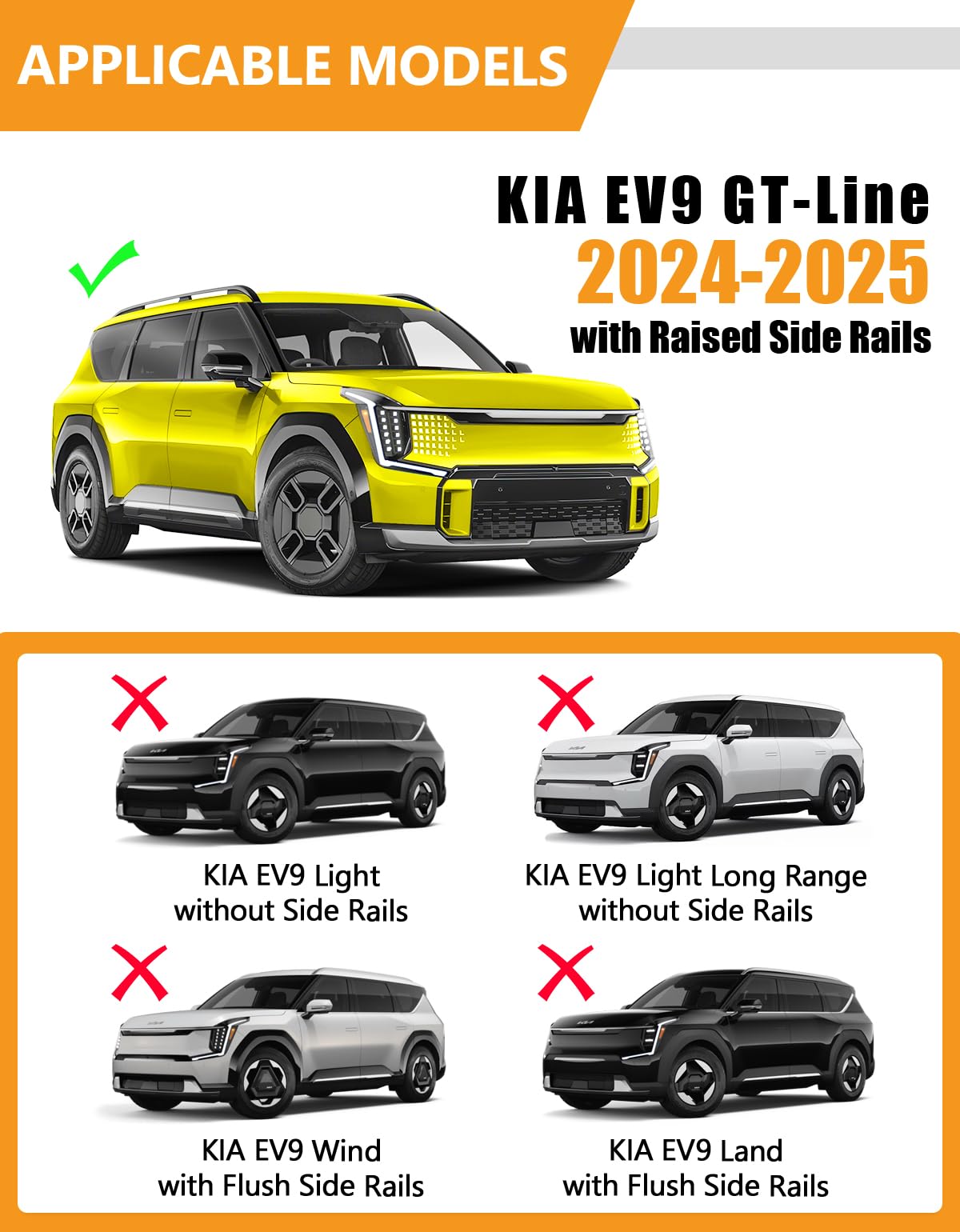220lbs Lockable Roof Rack Cross Bars Compatible with Kia EV9 2024 2025 GT-Line (Not for Wind & Land) with Raised Side Rails