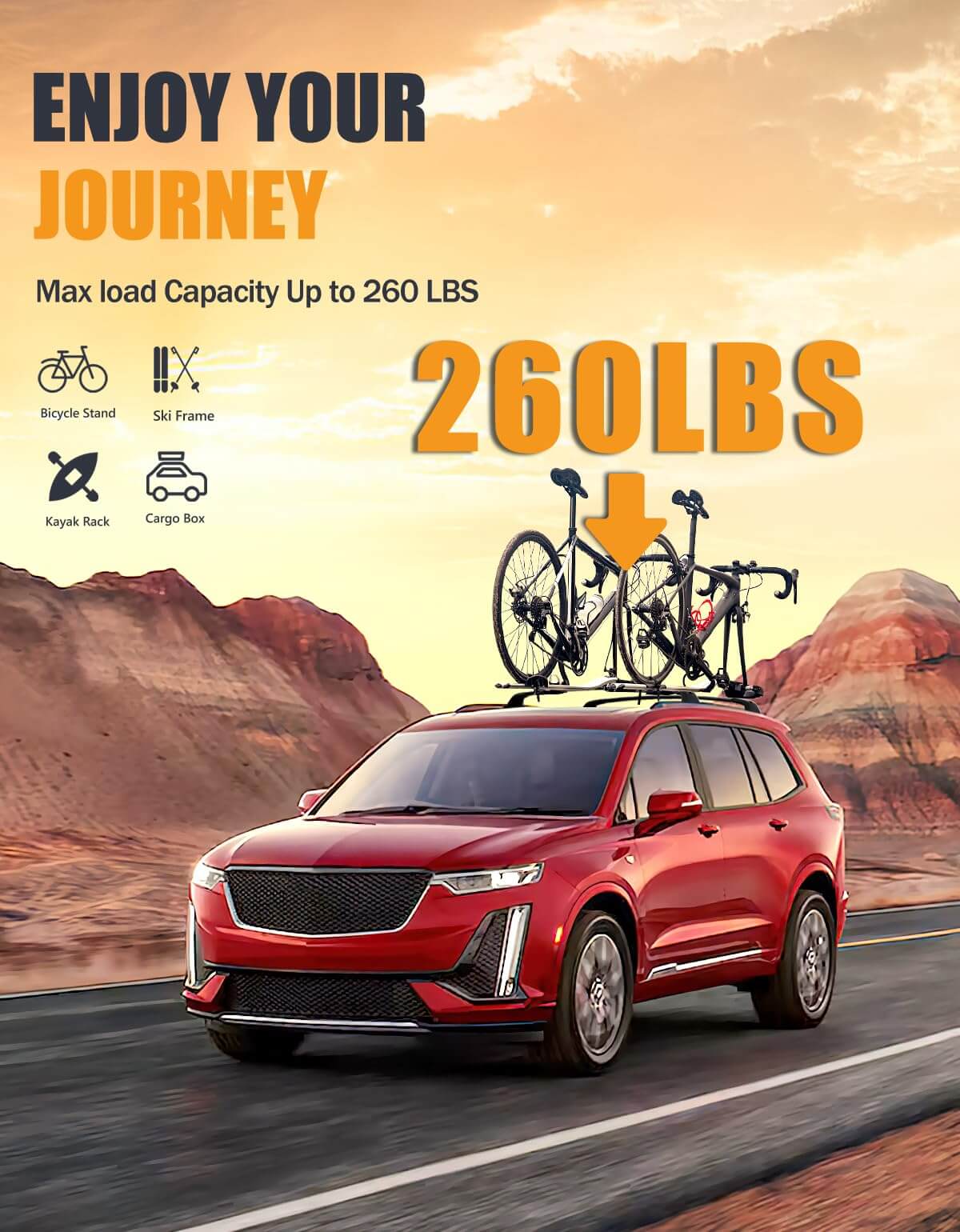 260lbs Lockable Roof Rack Cross Bars Compatible with Cadillac XT6 2020-2025 with Factory Side Rails