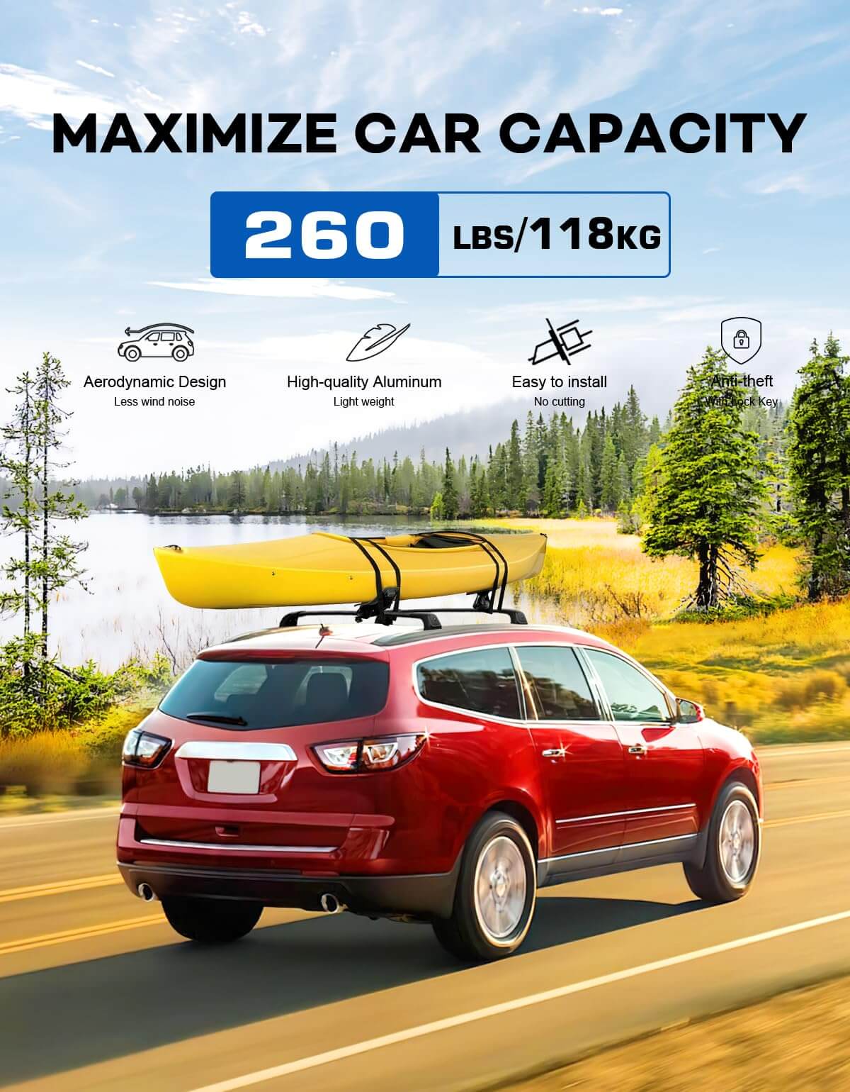 KINGGERI Lockable 260lbs Roof Rack Cross Bars Compatible with 2009-2017 Chevy Chevrolet Traverse with Flush Side Rails