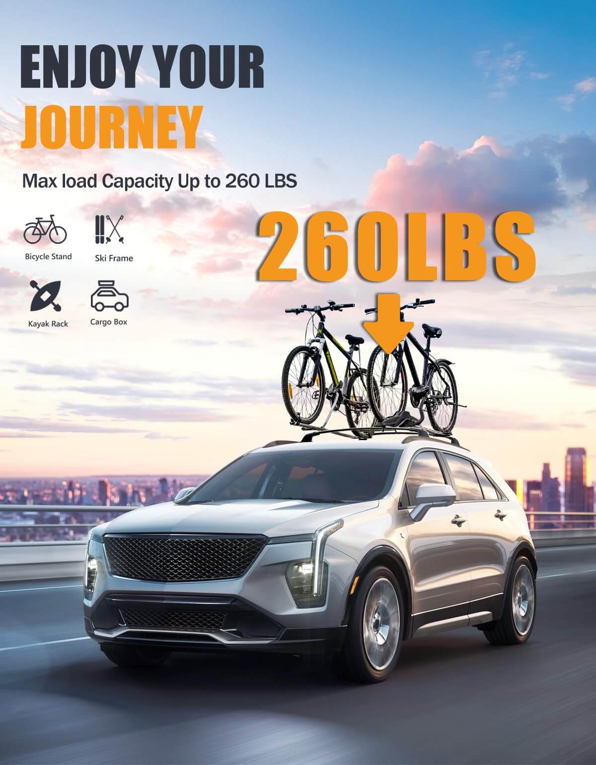 260lbs Lockable Roof Rack Cross Bars Compatible with Cadillac XT4 2019-2025 with Flush Side Rails