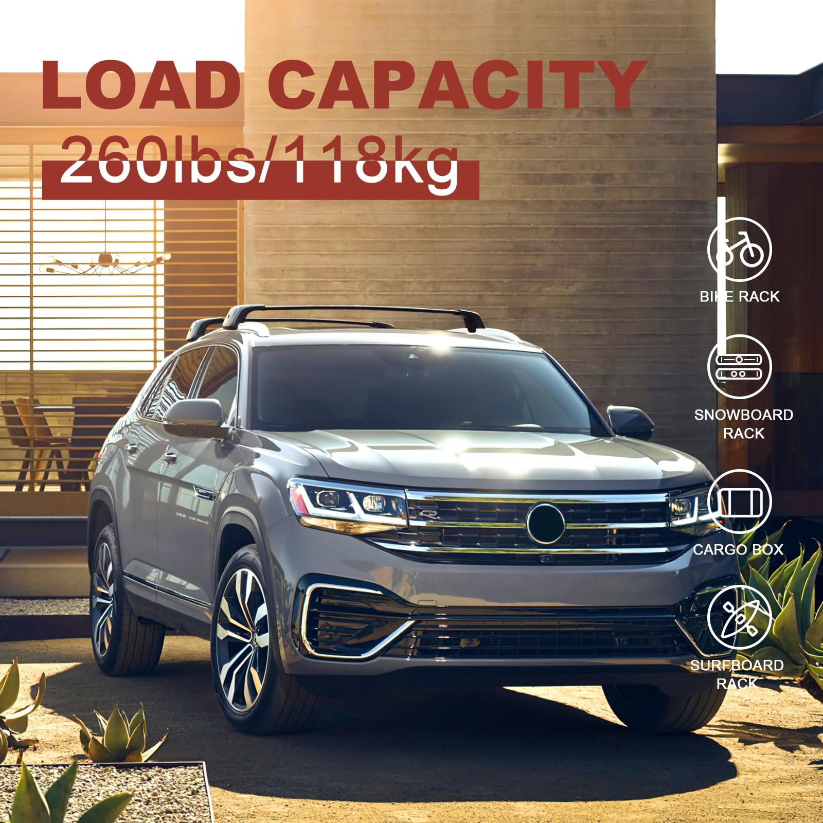 KINGGERI Lockable 260Lbs Roof Rack Cross Bars Compatible with Volkswagen VW Atlas Cross Sport 2020-2025 (with Flush Side Rails)