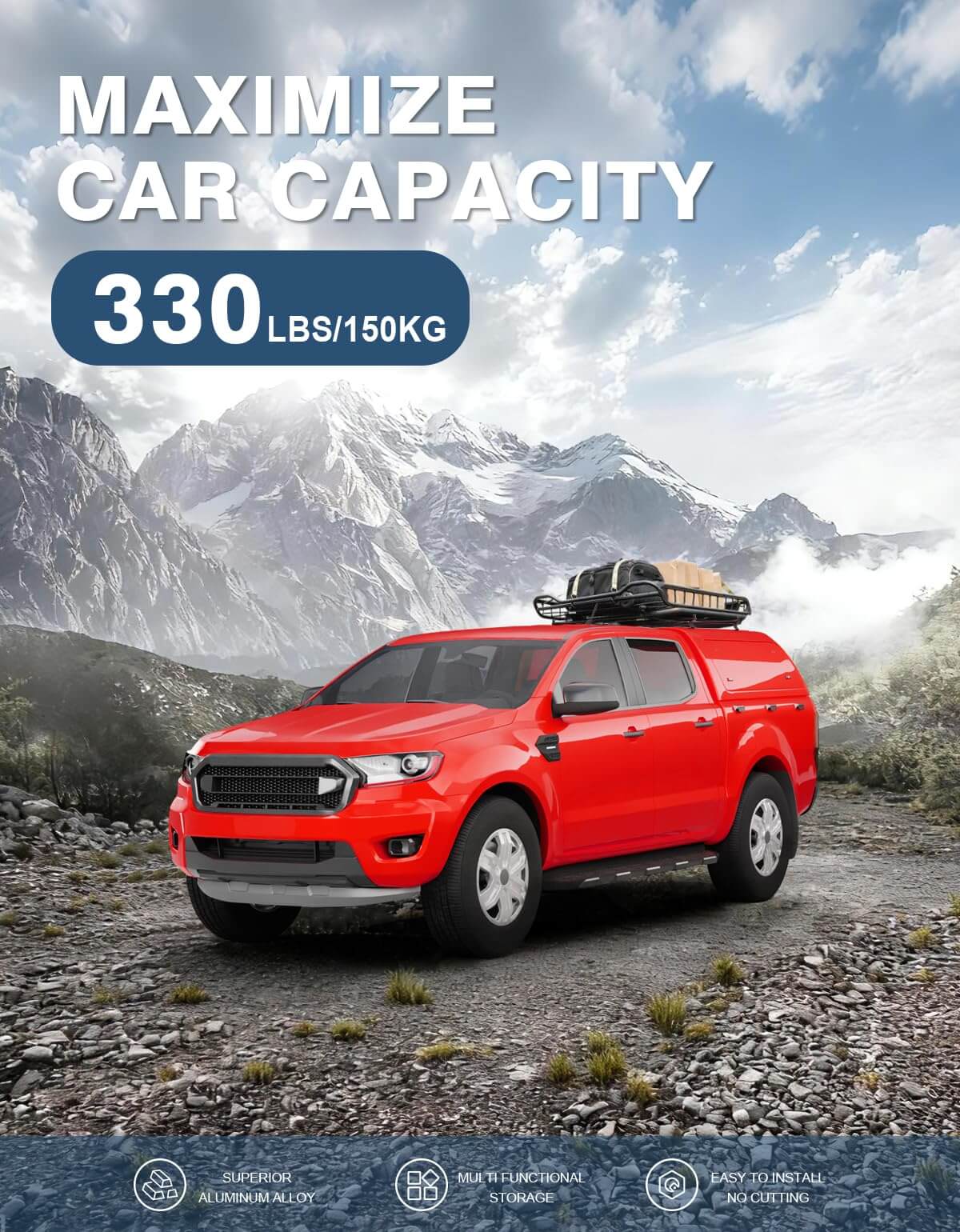 57" Universal Roof Ladder Rack for Van & Pickup Truck Cap & Topper, Roof Rack, 2 Bars, Heavy Duty Aluminum