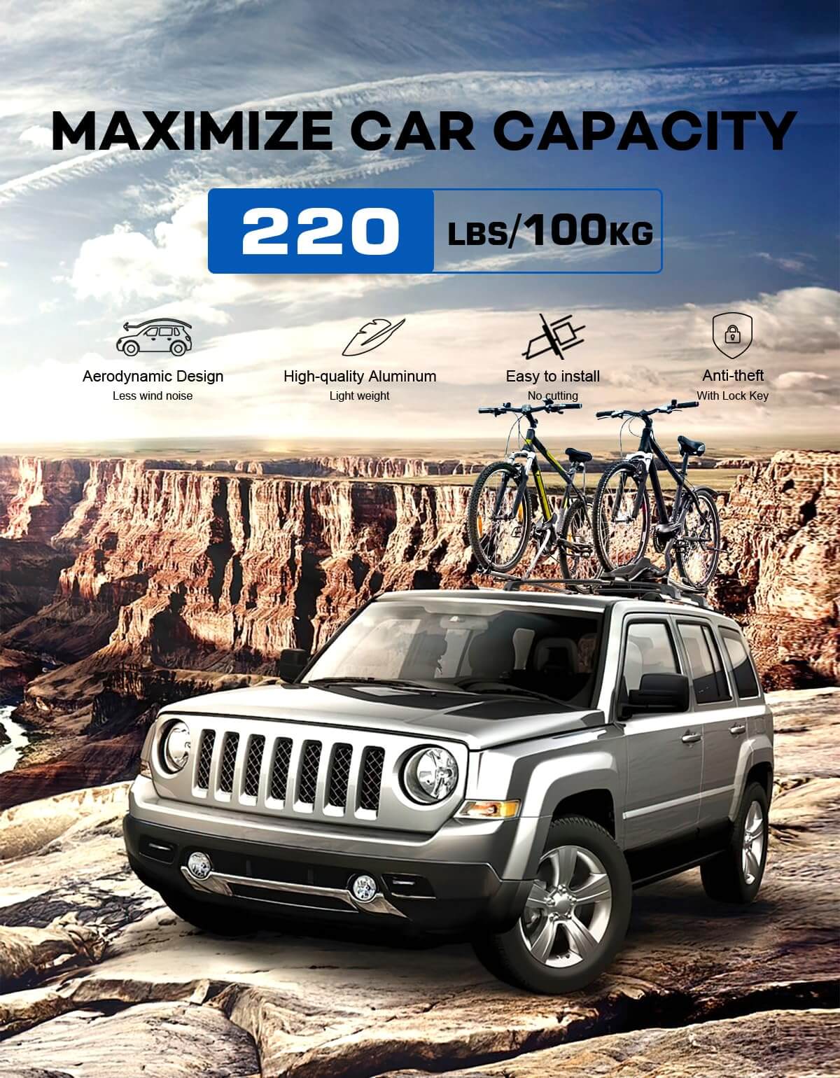 KINGGER Lockable Roof Rack Cross Bars 220lbs Compatible with Jeep Patriot 2007-2017,Heavy Duty Aluminum