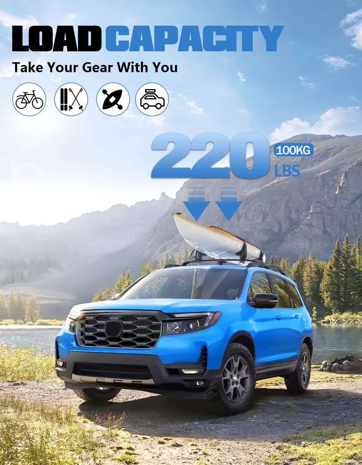 KINGGER Lockable Roof Rack Cross Bars 220lb Compatible with Honda Passport 2019-2025 with Raised Rails