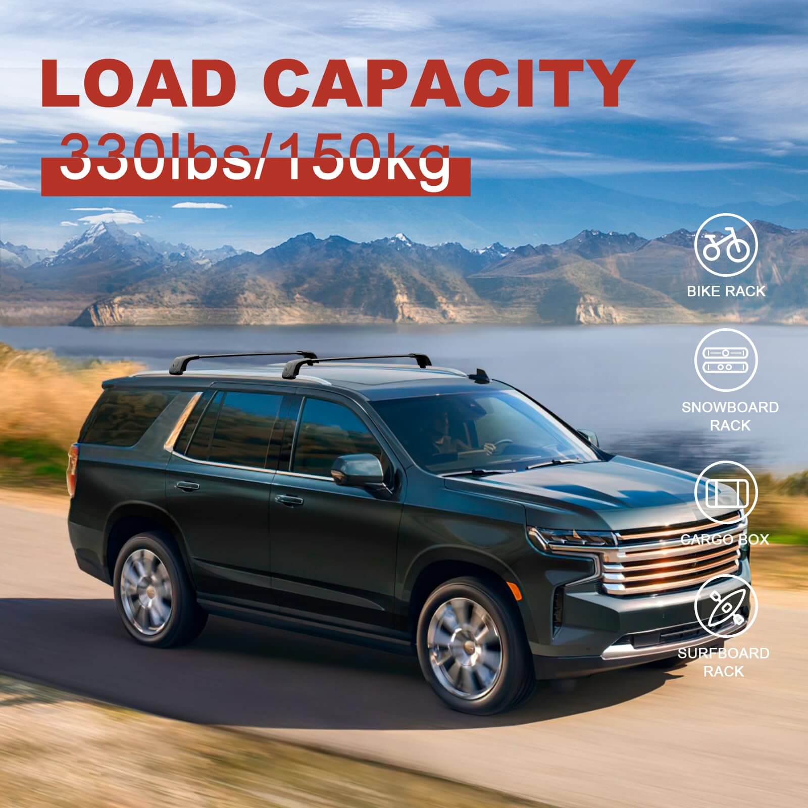 Lockable 330lbs Roof Rack Cross Bars Compatible with 2021-2025 Chevy Tahoe & Chevrolet Suburban & GMC Yukon XL & Cadillac Escalade ESV