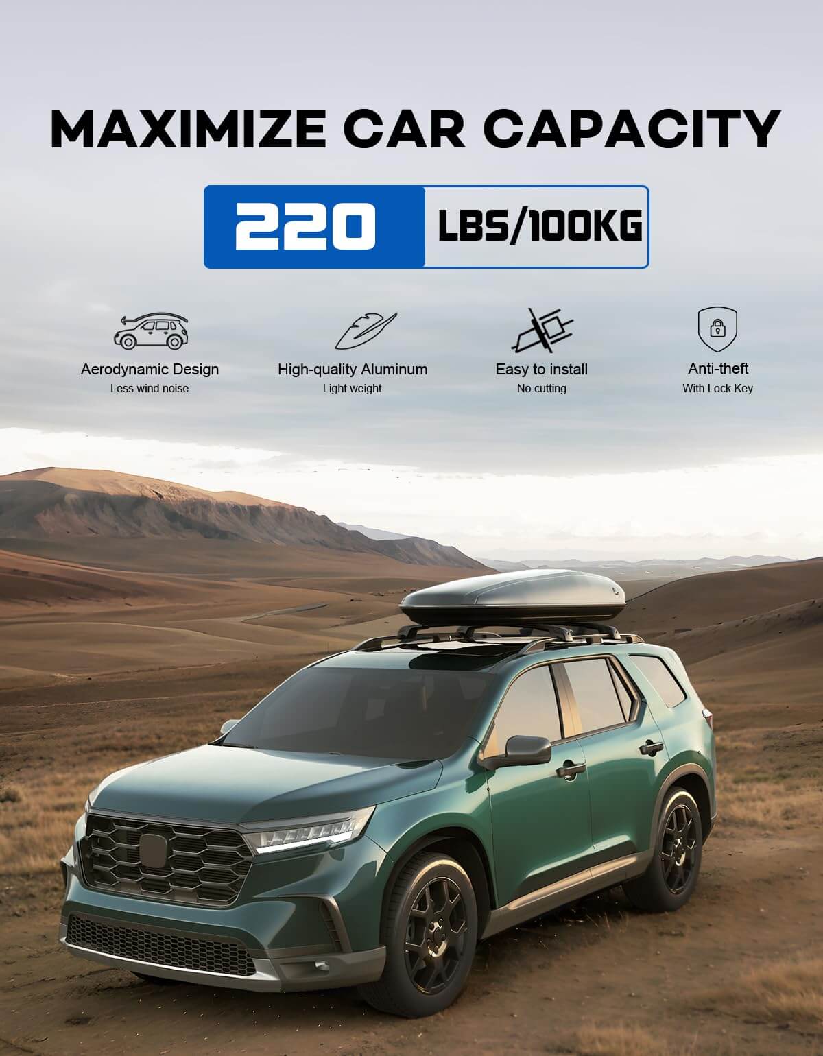 KINGGER Lockable Roof Rack Cross Bars 220lbs Compatible with Honda Pilot 2023 2024 2025 Elite Sport Touring Trailsport (Not for LX and EX-L)