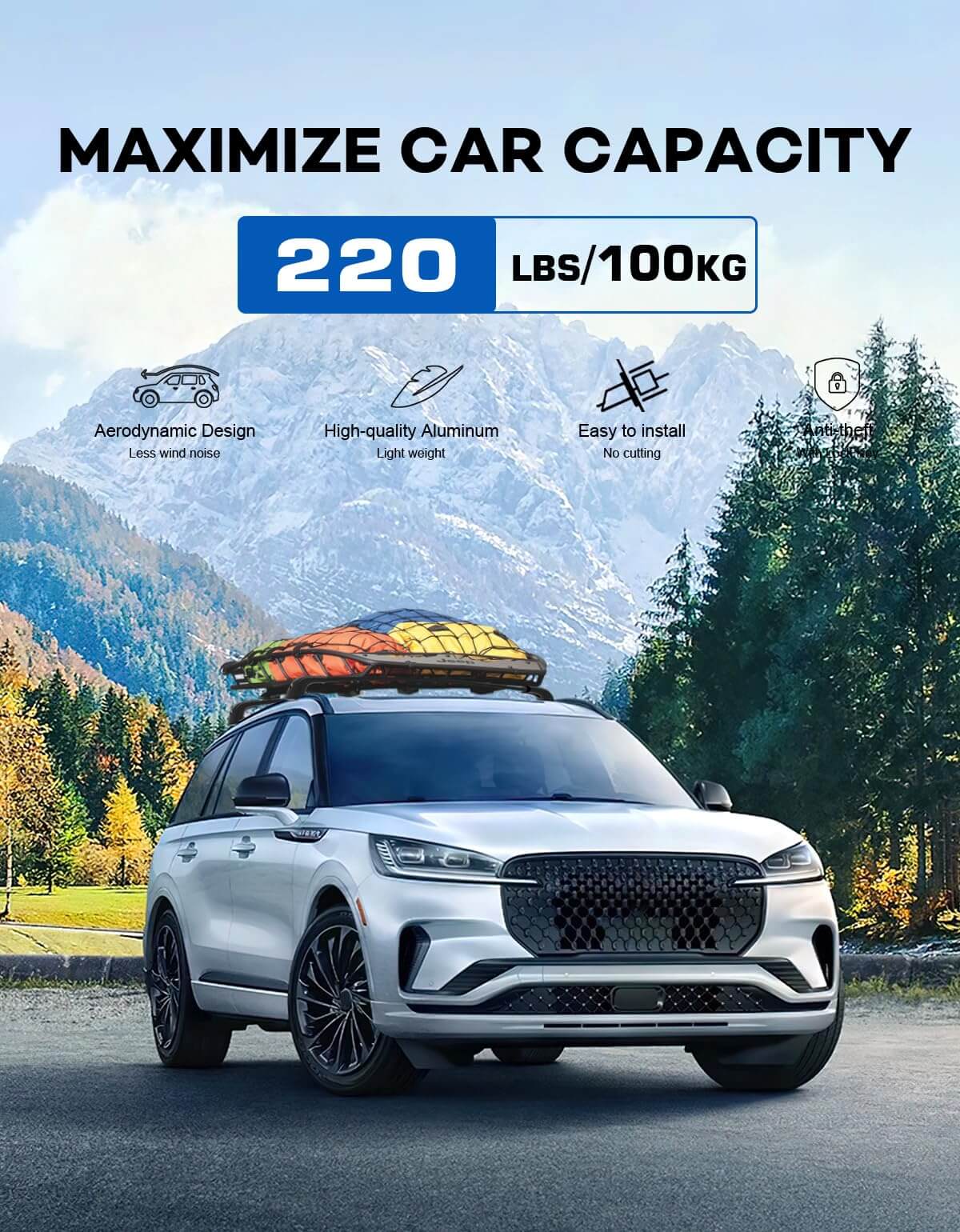 KINGGERI Roof Rack Cross Bars 220lbs Fit for Lincoln Aviator 2019-2025,Heavy Duty Anti-Theft Aluminum