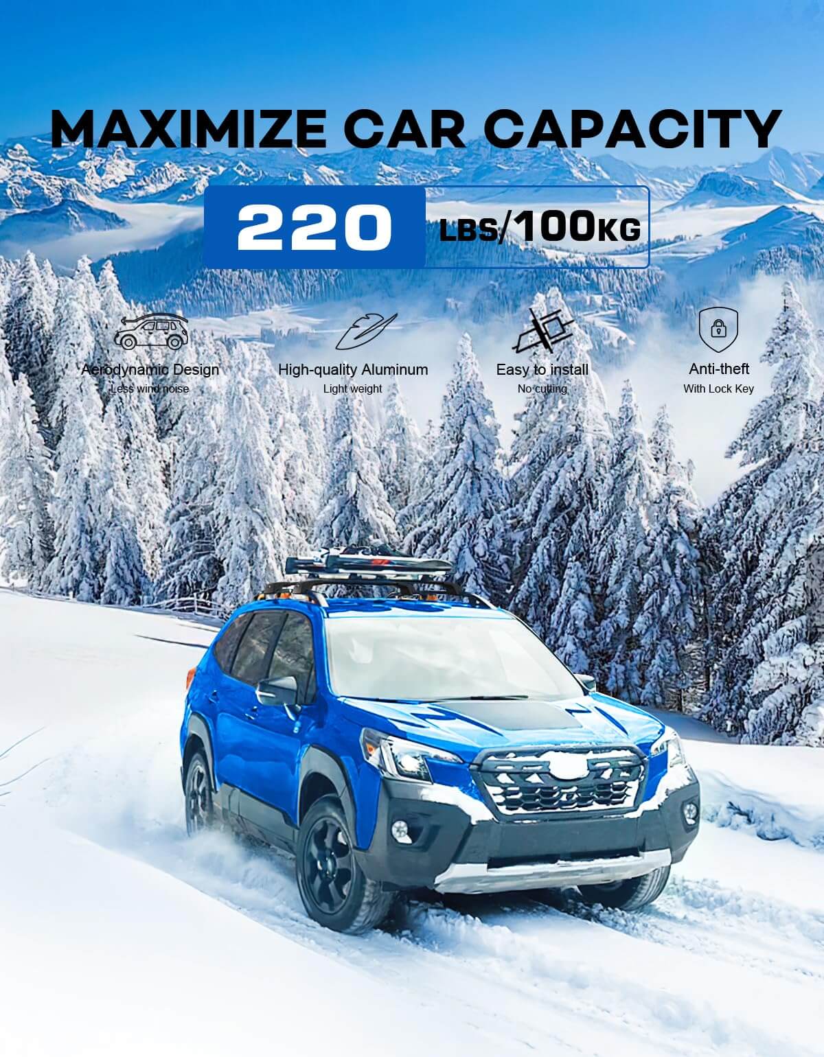 KINGGER Lockable Roof Rack Cross Bars 220lbs Compatible with Subaru Forester Wilderness 2022-2024