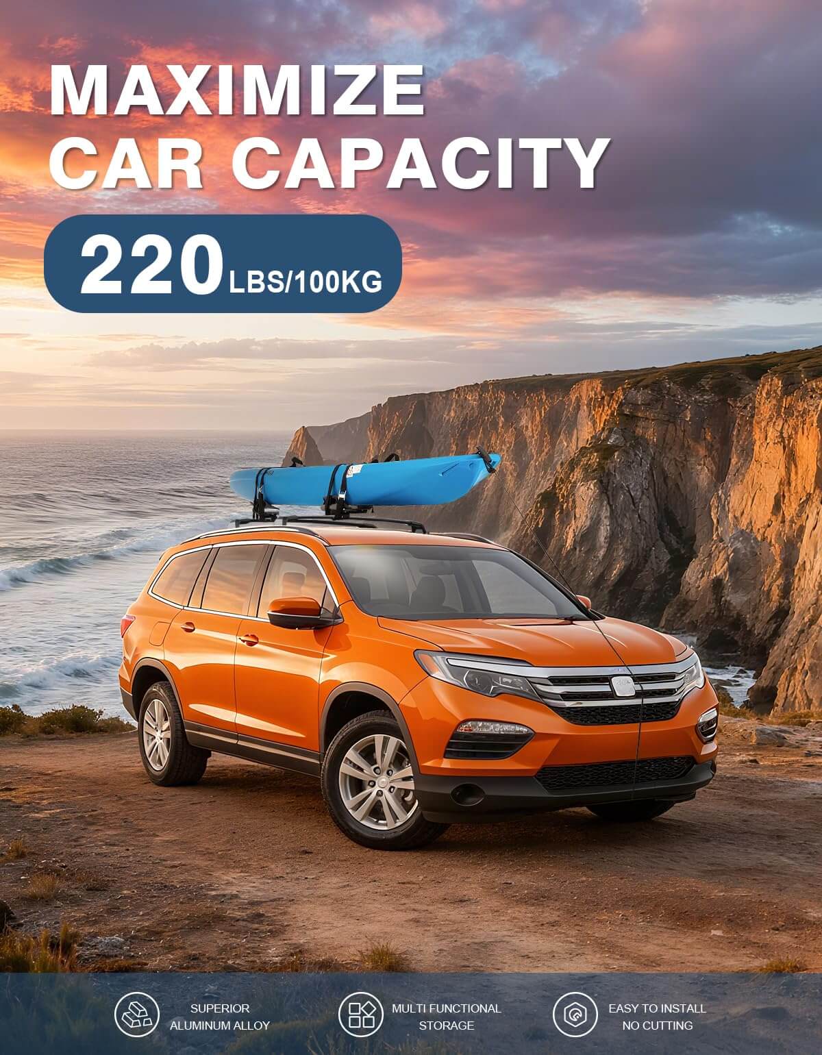 Roof Rack Cross Bars 220lbs Compatible with Honda Pilot 2016-2022 with Flush Rails, All-Metal Aluminum Heavy Duty