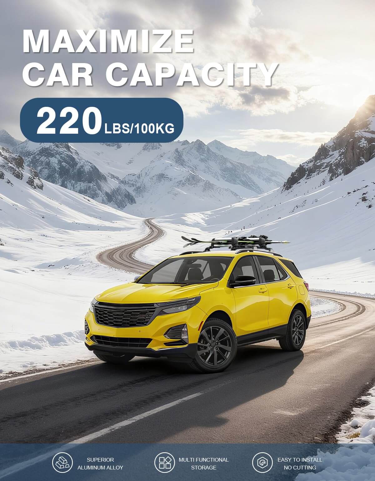 Roof Rack Cross Bars 220lbs Compatible with 2018-2024 Chevy Chevrolet Equinox & GMC Terrain (Not for EV), All-Metal Aluminum Heavy Duty Crossbar