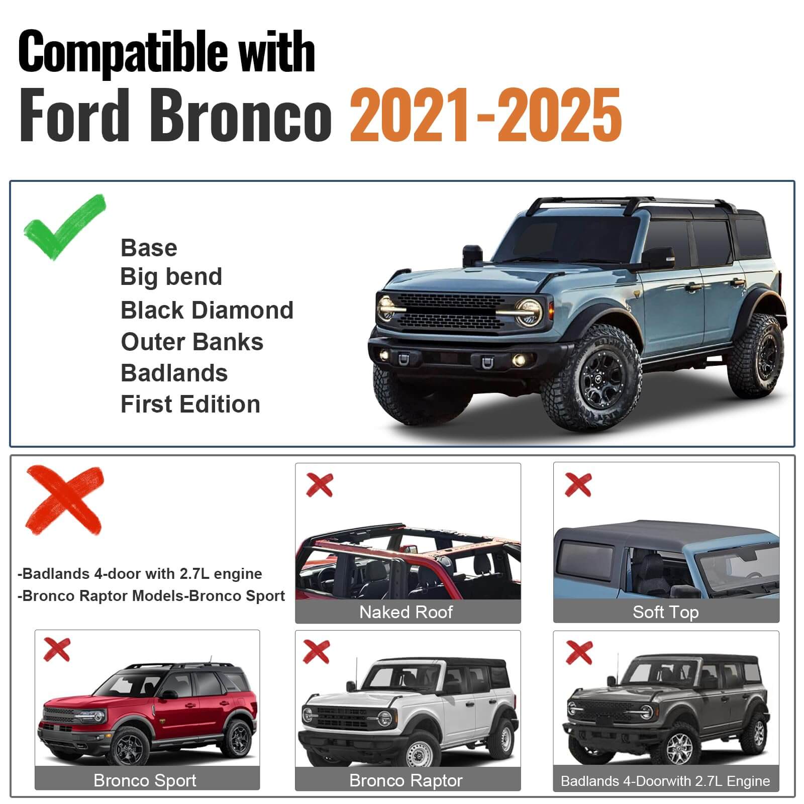 Roof Rack Cross Bars Kit Compatible with Ford Bronco 2021-2025, Hard TOP 2Door & 4Door, Aluminum Crossbars