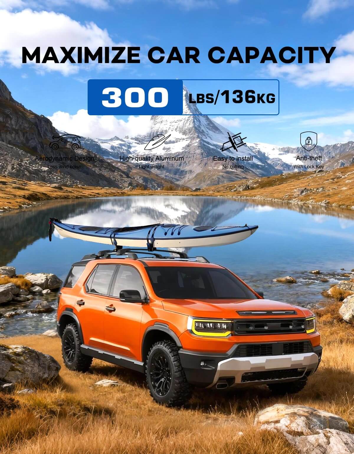 300lbs Lockable Roof Rack Cross Bars Compatible with 2026 Honda Passport, Heavy Duty Aluminum
