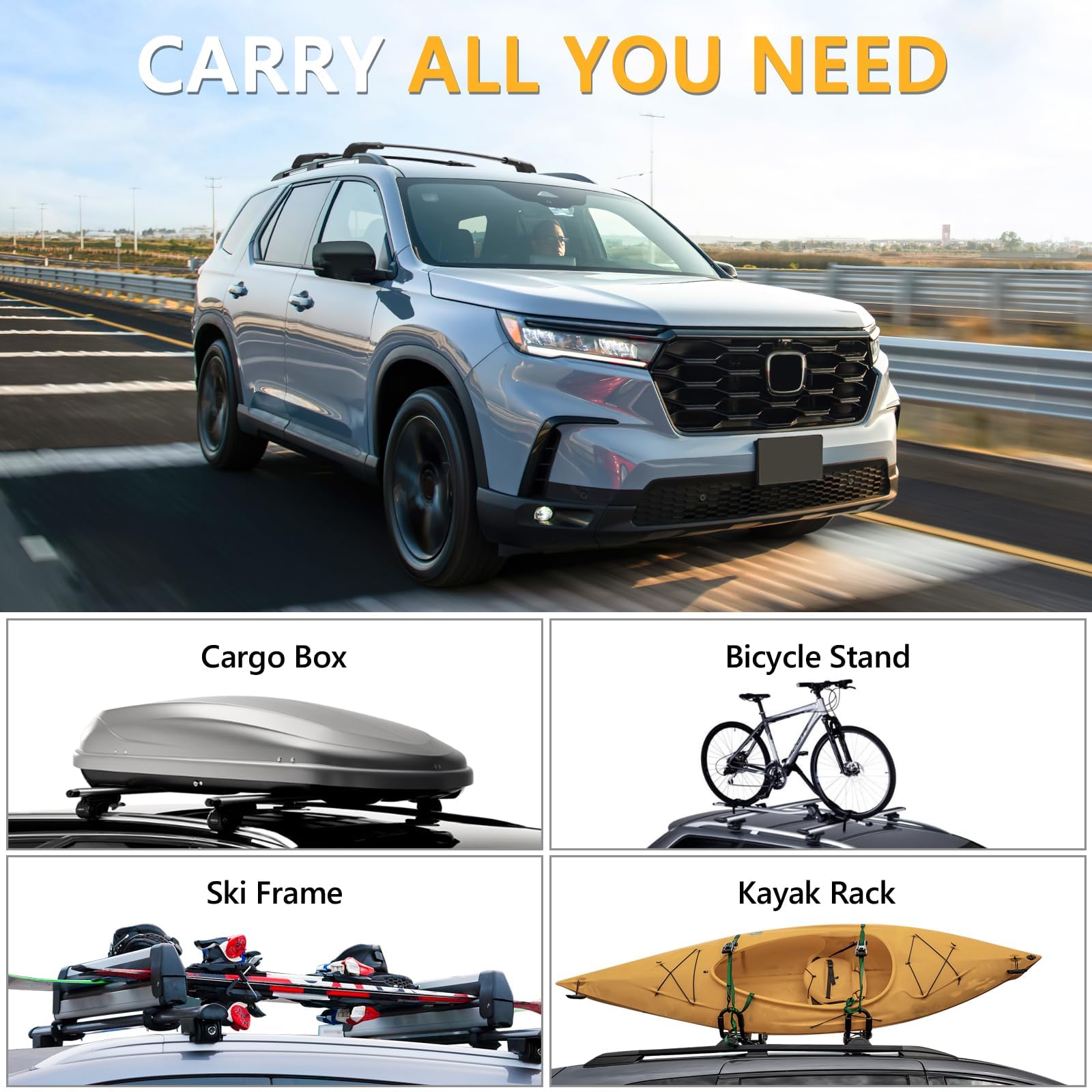 KINGGERI 220lbs Lockable Roof Rack Cross Bars Fit for Honda Pilot 2023-2025 Sport TrailSport Touring Elite with Raised Rails (Not for LX & EX-L)