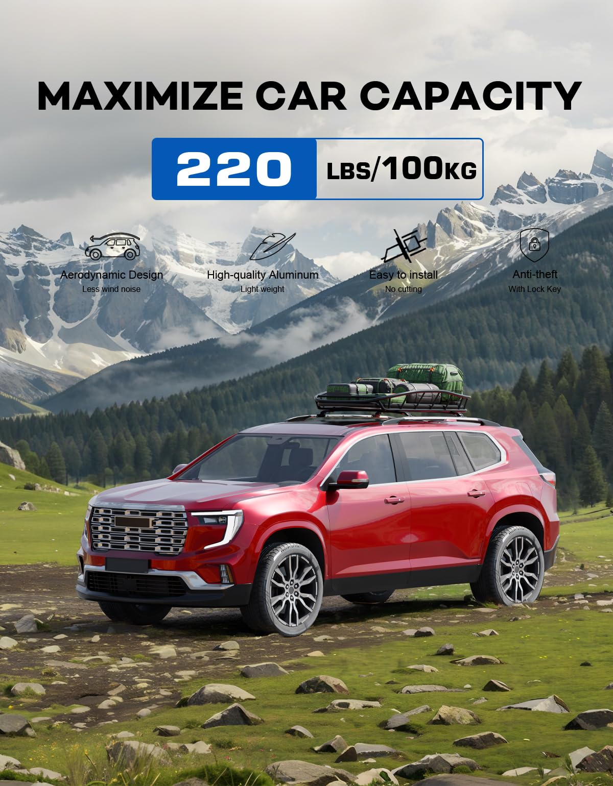 KINGGERI 220lbs Roof Rack Cross Bars Compatible with GMC Acadia 2024 2025 (with Side Roof Rails)