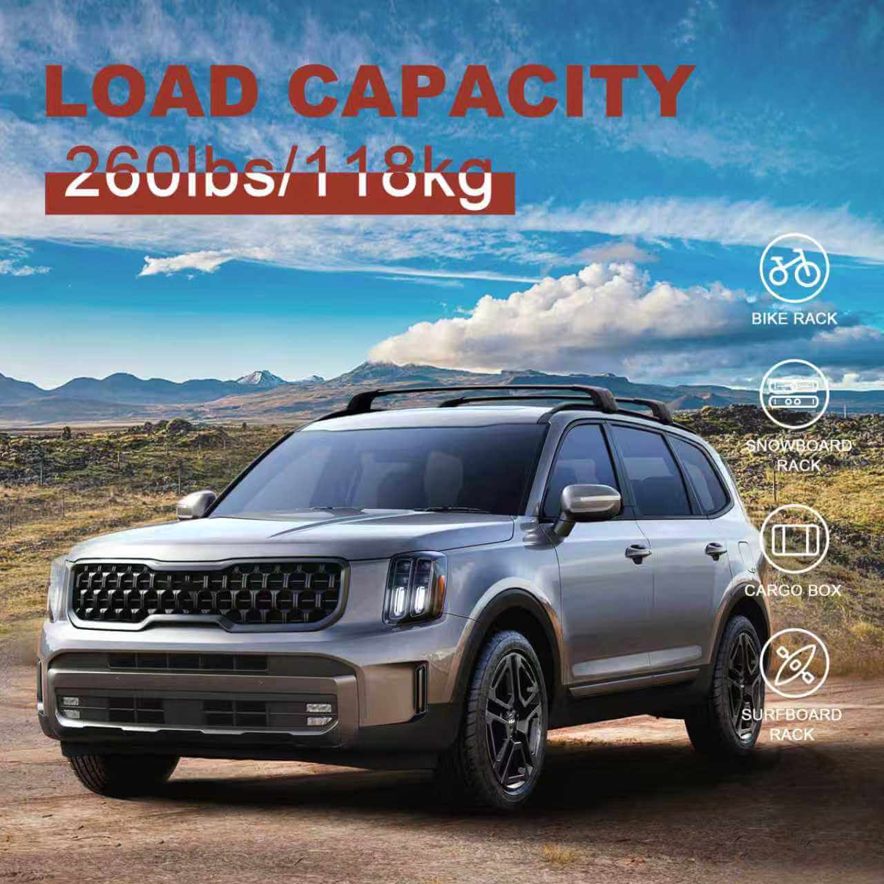 KINGGERI 260lbs Roof Rack Cross Bars Fit for Kia Telluride 2019-2025 EX S SX SX-Prestige (Not for LX, X-Line or X-Pro)