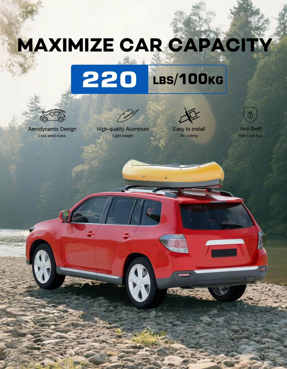 KINGGERI Lockable Roof Rack Cross Bars 220lbs Fit for Toyota Highlander 2008-2013,Heavy Duty Lockable Aluminum