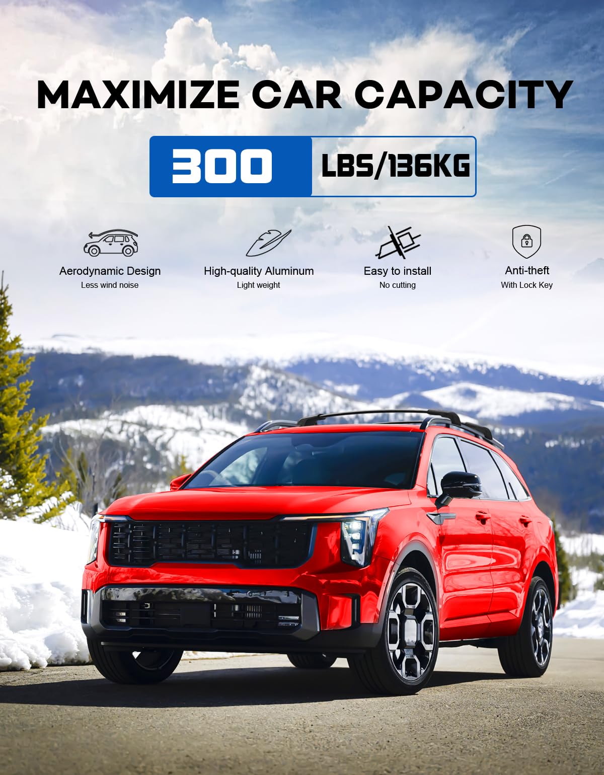 300lbs Lockable Roof Rack Cross Bars Compatible with Kia Sorento X-Line & X-Pro 2021-2026 (with Raised Rails,Not Flushed Rails), Crossbars Rooftop Cargo Carrier Luggage