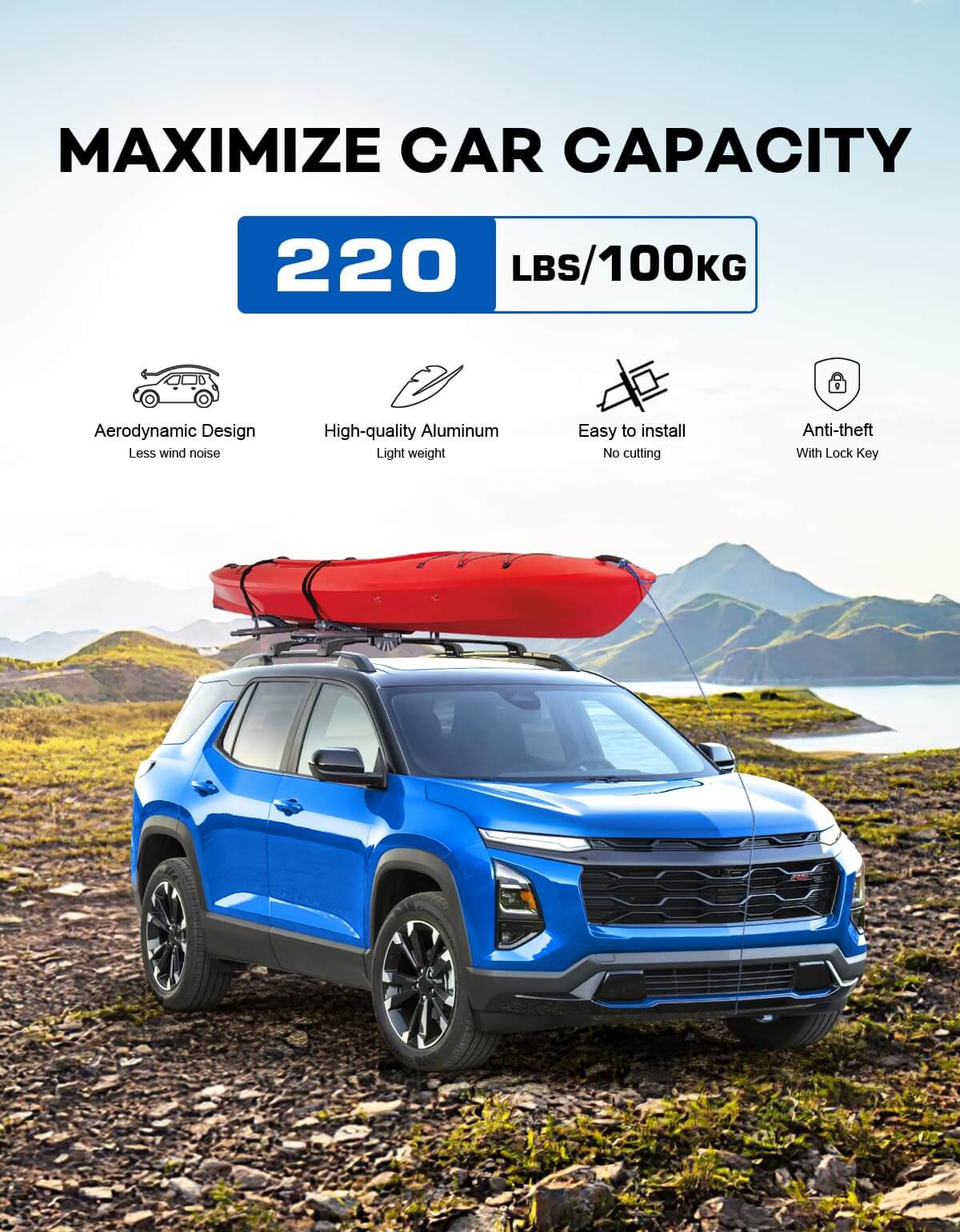 KINGGER 220lbs Roof Rack Cross Bars Compatible with 2025 Chevy Chevrolet Equinox with Raised Side Rails (Not for EV)