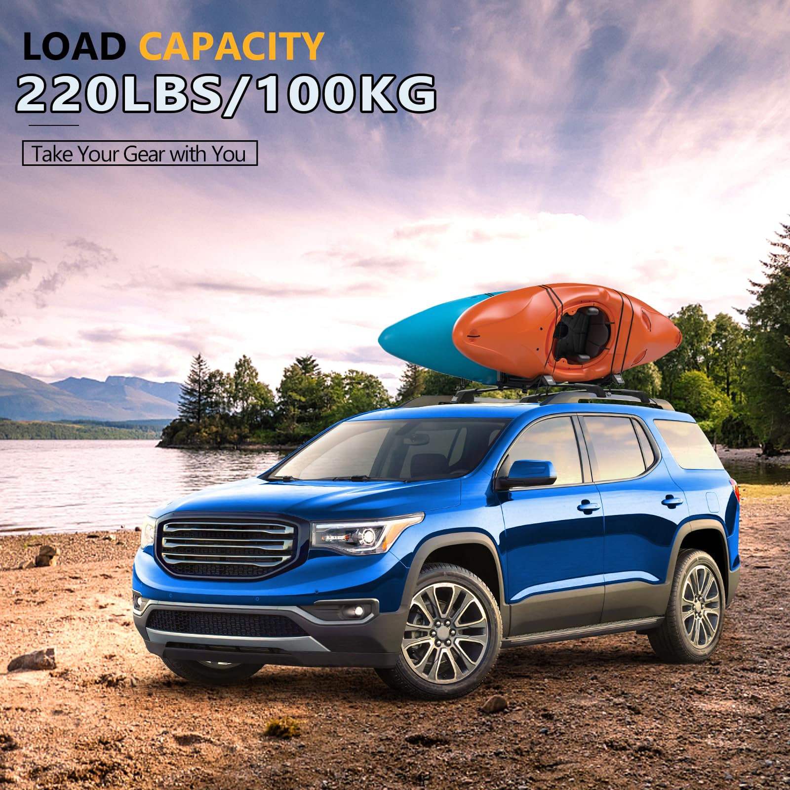 Lockable 220lbs Roof Rack Cross Bars Compatible with GMC Acadia 2017 2018 2019 2020 2021 2022 2023(with Raised Rails)