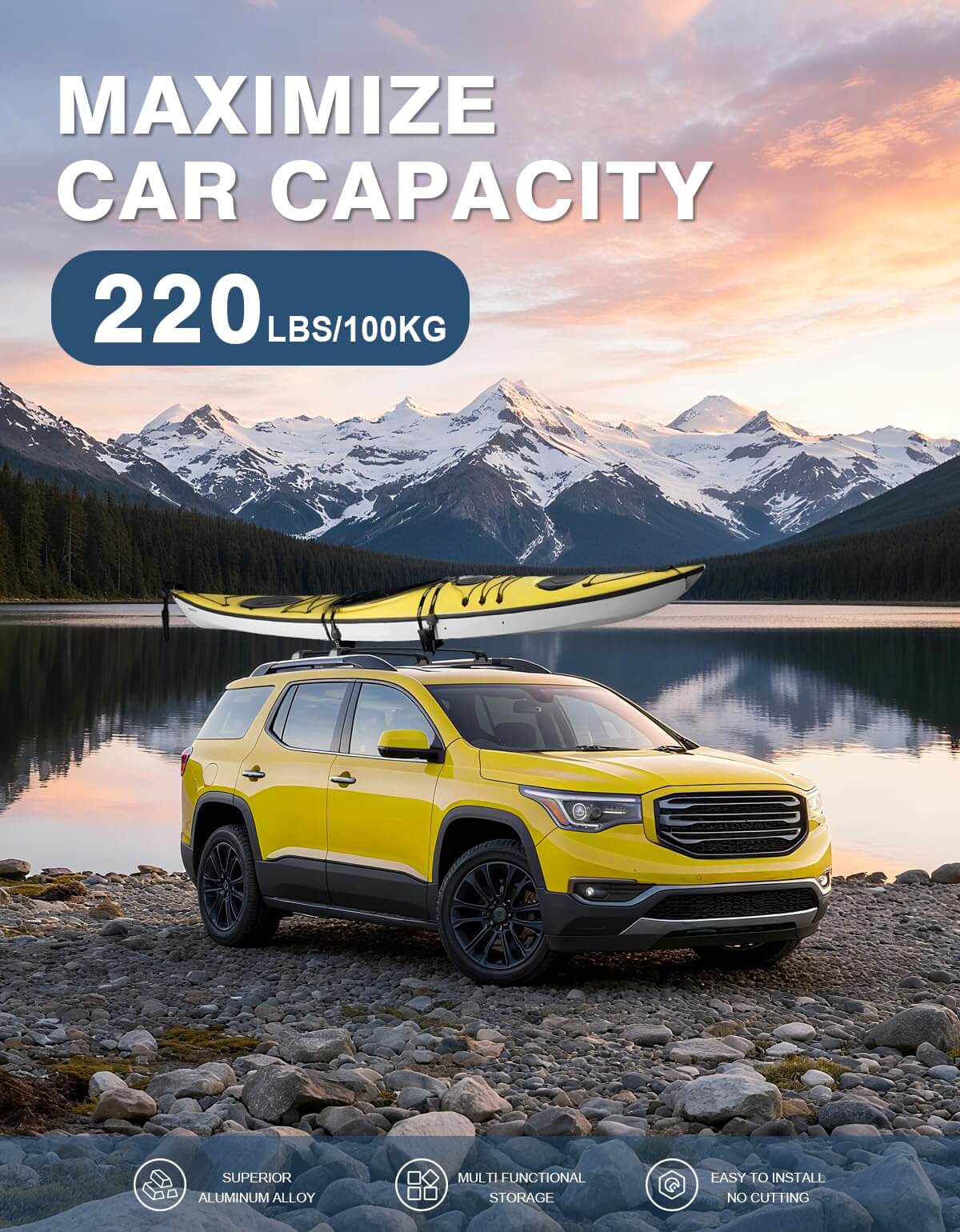 Roof Rack Cross Bars 220lbs Compatible with GMC Acadia 2017 2018 2019 2020 2021 2022 2023(with Raised Rails)