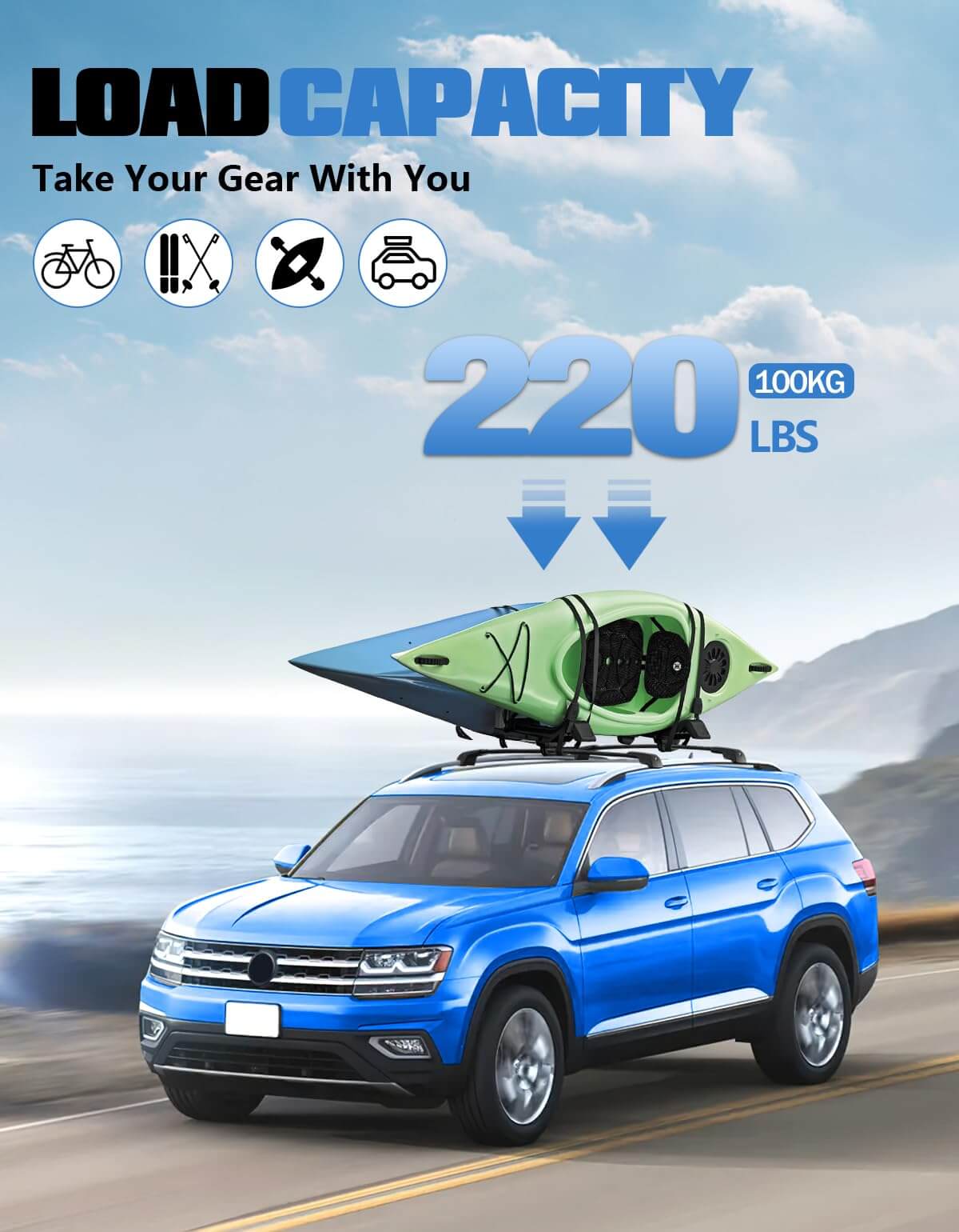 KINGGER Lockable Roof Rack Cross Bars 220lb Compatible with Volkswagen VW Atlas 2017-2025 with Raised Side Rails(Not for Atlas Cross Sport)