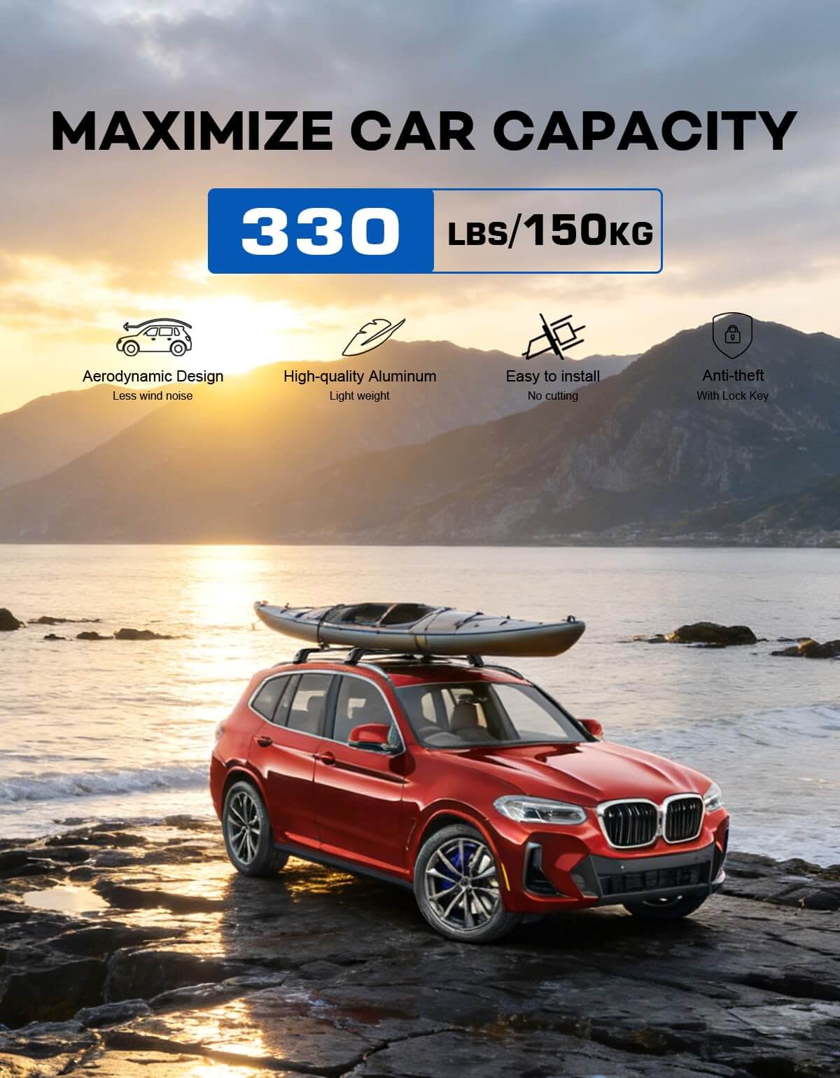 KINGGERI Lockable Roof Rack Cross Bars 260lbs Compatible with BMW X3 G01 2018-2025 (Not for G45)