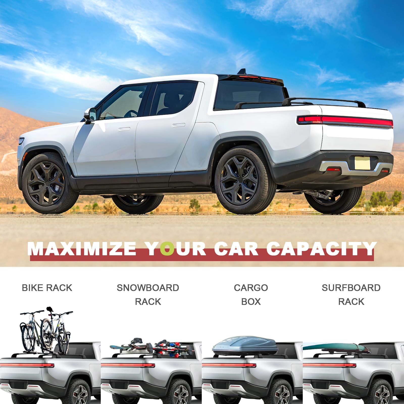 Lockable Roof Rack Cross Bars Compatible with Rivian R1T 2022-2025,Truck Pickup Bed Heavy Duty 260lbs