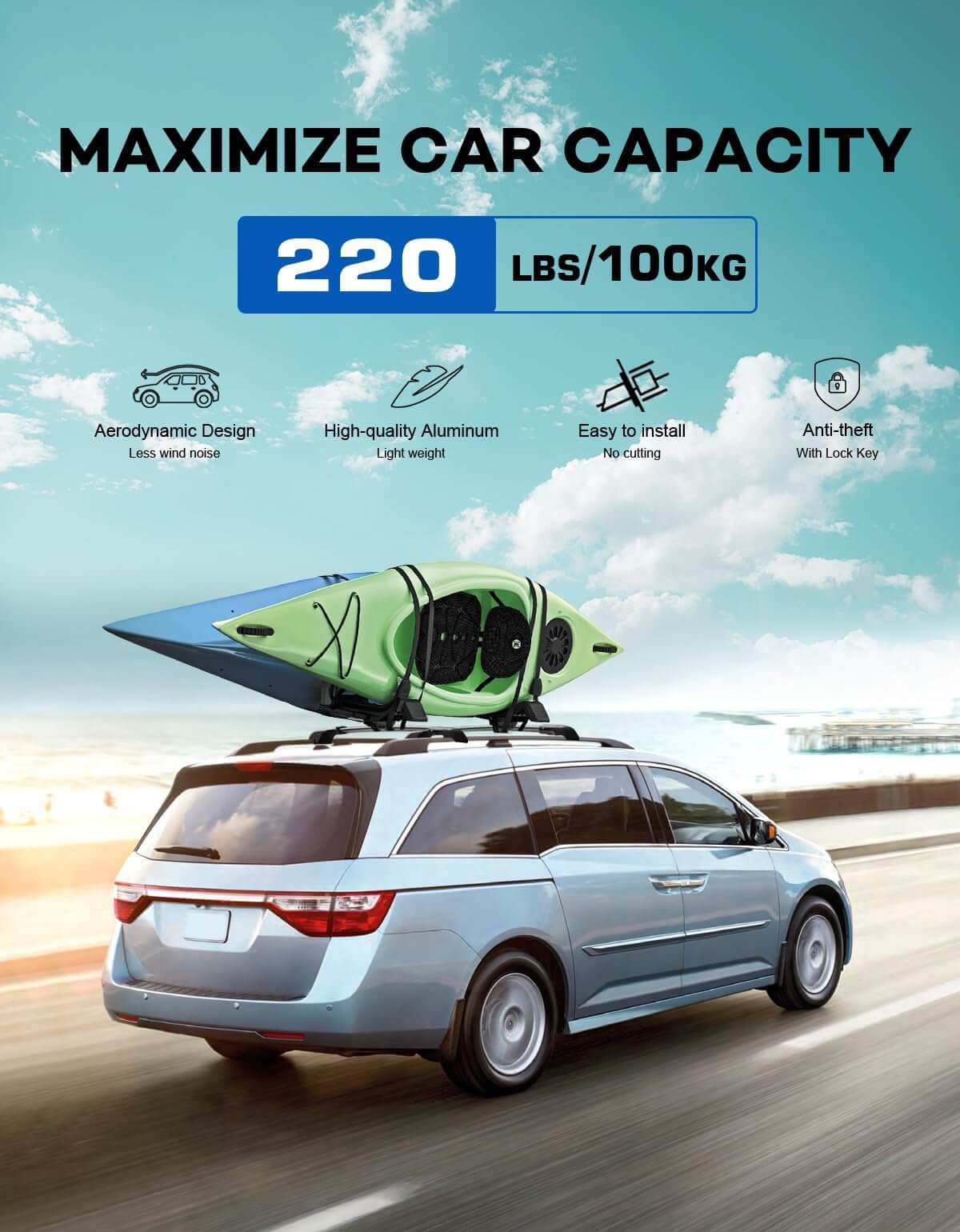 KINGGERI Lockable Roof Rack Cross Bars 220lbs Compatible with Honda Odyssey 2011-2017 (with Raised Side Rails)