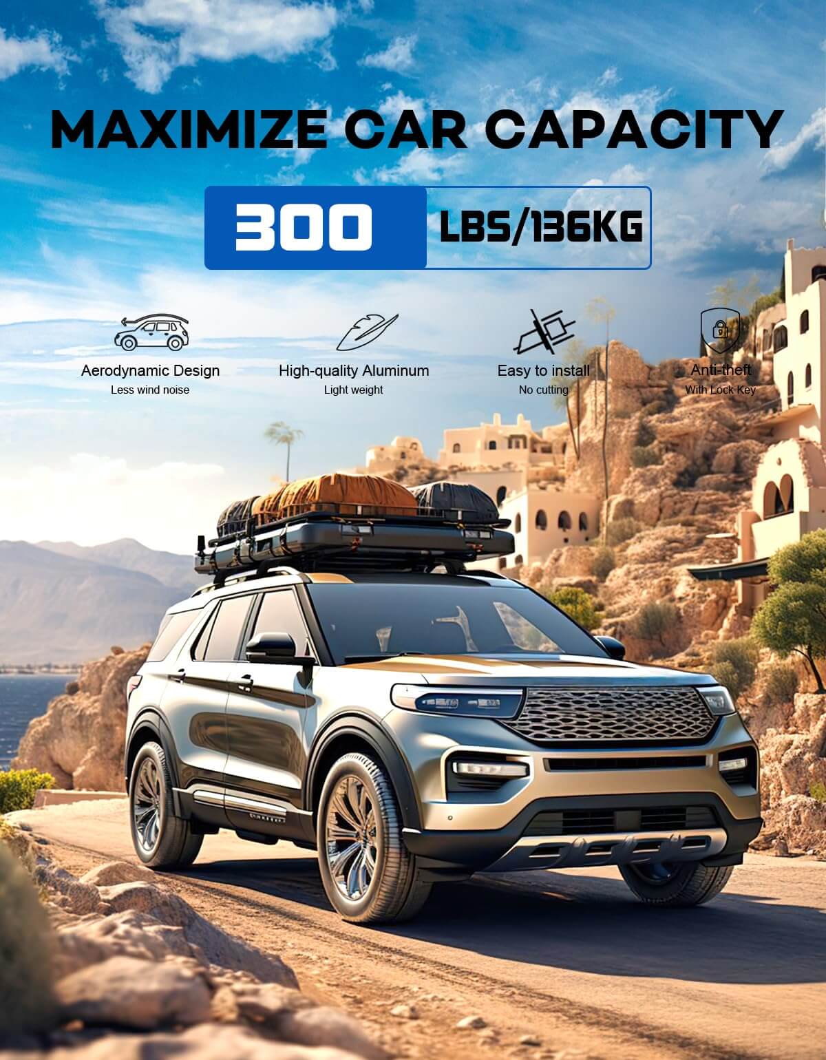 KINGGERI Lockable 220lbs Roof Rack Cross Bars Compatible with Ford Explorer 2020-2025,Heavy Duty Lockable Aluminum