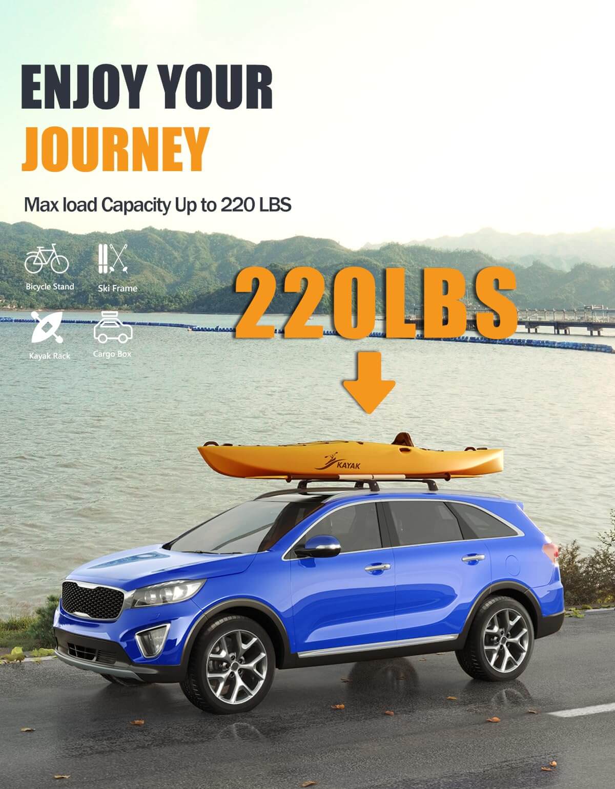 KINGGERI Lockable Roof Rack Cross Bars 220lbs Compatible with KIA Sorento 2016-2020 with Flush Side Rails
