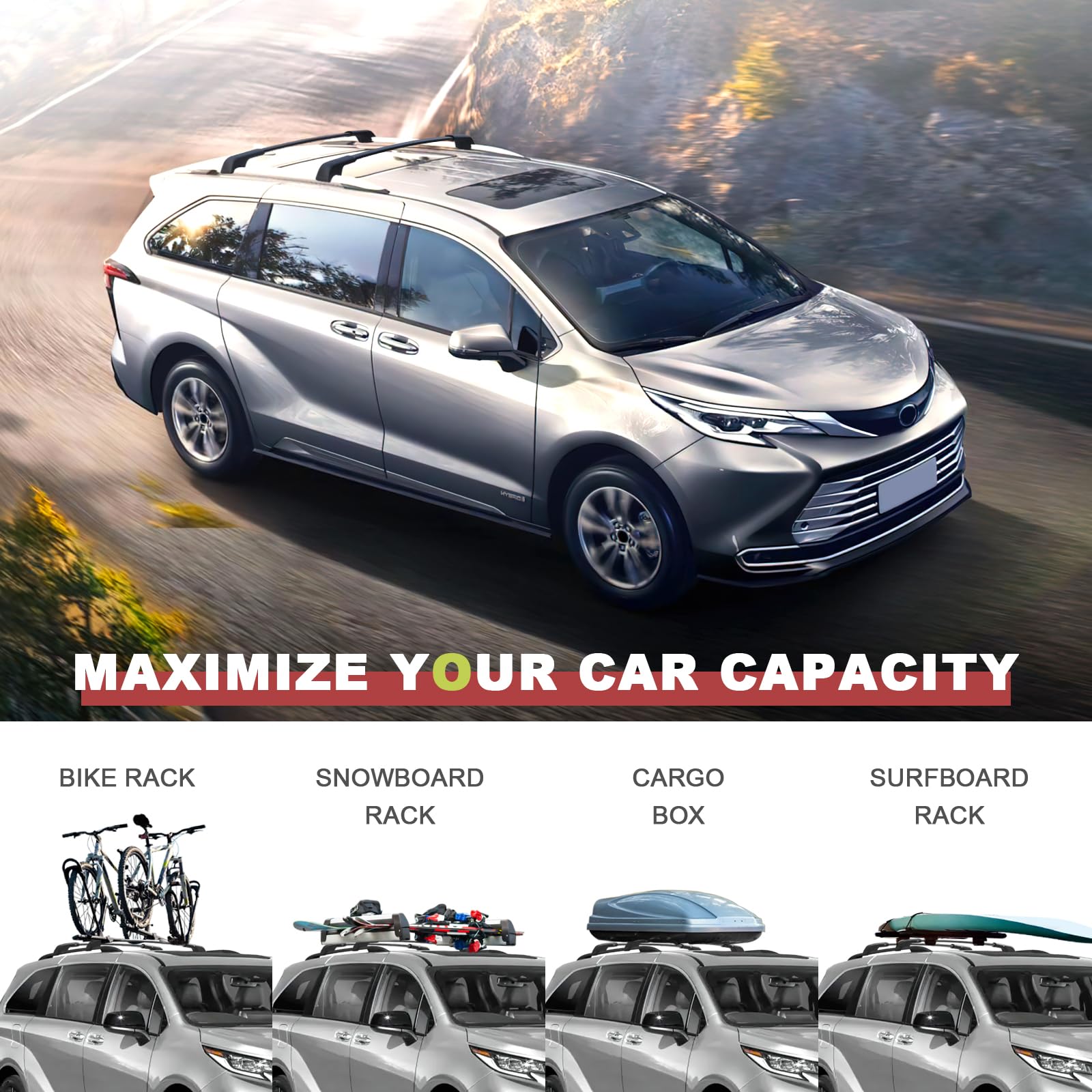 KINGGERI Lockable 220Lbs Roof Rack Cross Bars Compatible with Toyota Sienna 2021-2025