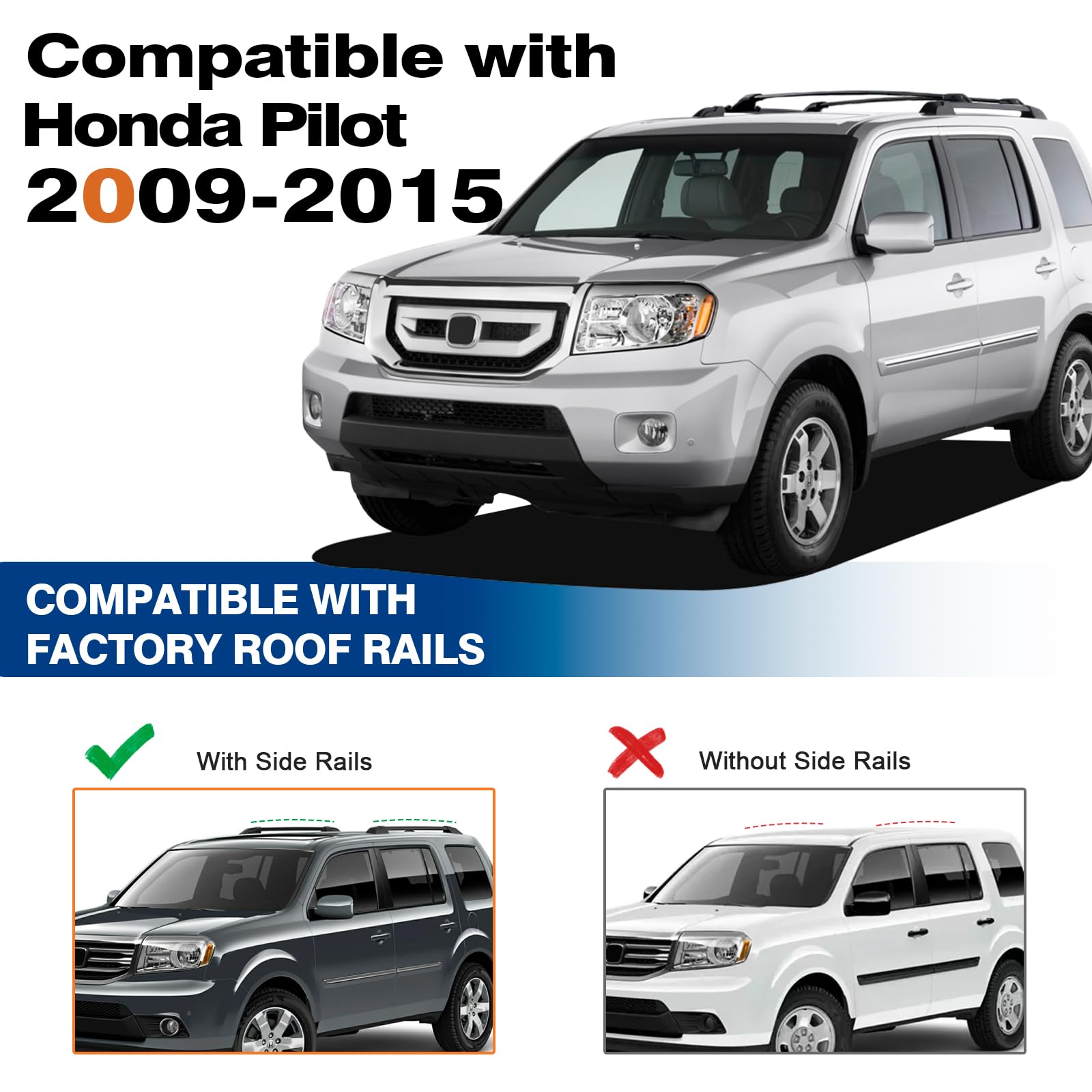 KINGGERI Roof Rack Cross Bars Compatible with Honda Pilot 2009-2015 with Side Rails