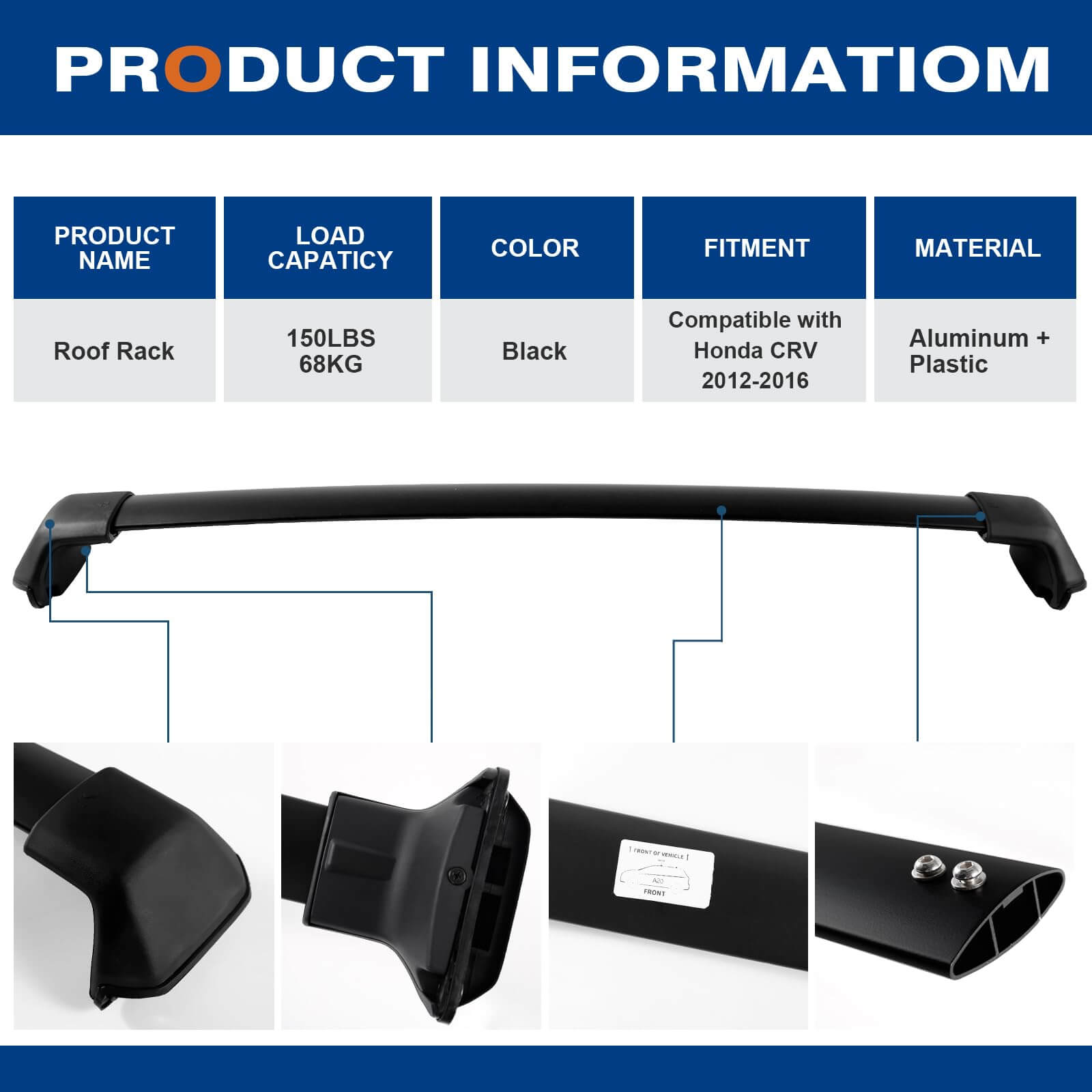 KINGGERI Roof Rack Cross Bars Fit for Honda CRV CR-V 2012-2016 with Side Rails, Heavy Duty Aluminum clampers and Bars Cargobar