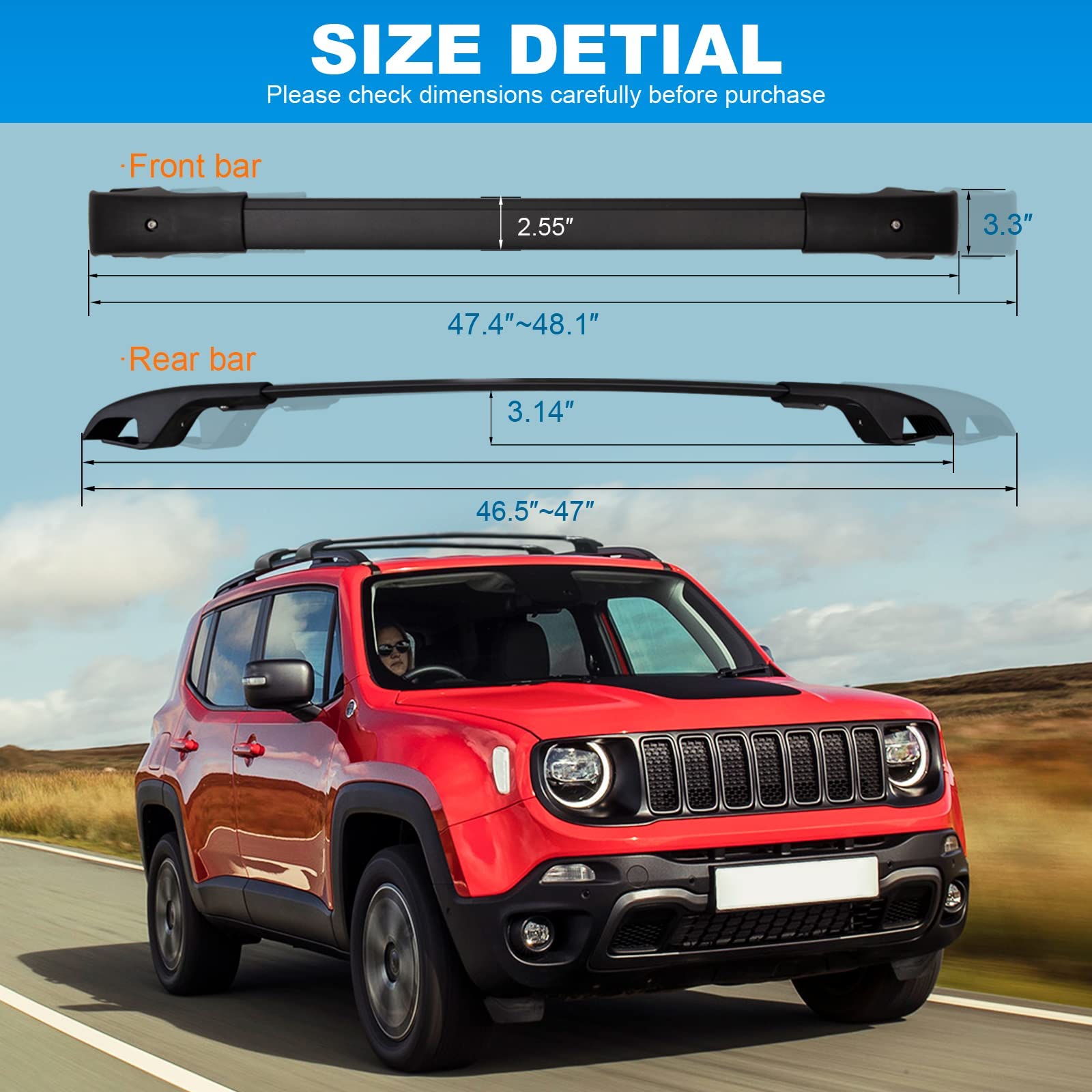 KINGGERI Roof Rack Cross Bars Compatible with Jeep Renegade 2015-2024, Heavy Duty Aluminum clampers and Bars Cargobar