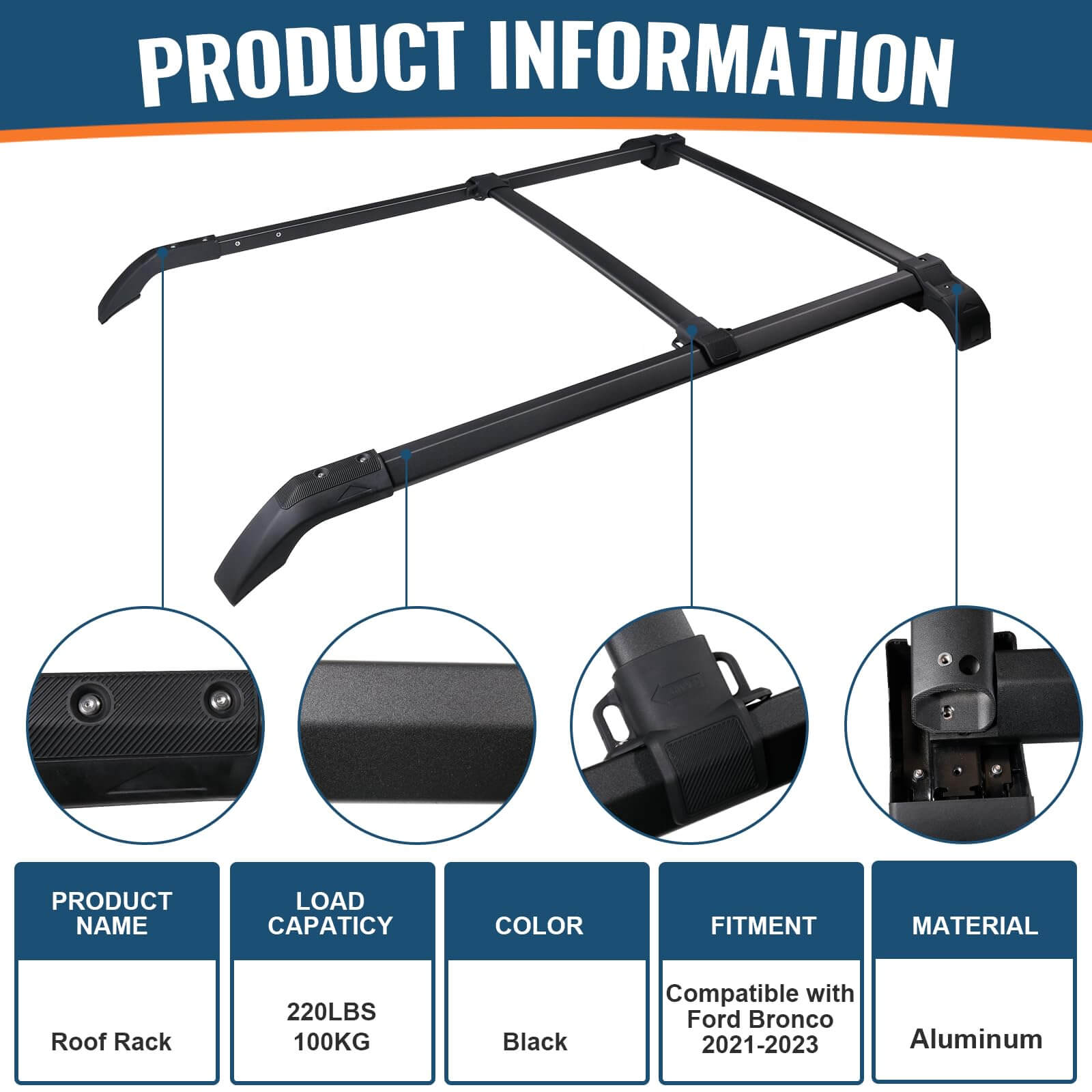 Roof Rack Cross Bars Kit Compatible with Ford Bronco 2021-2025, Hard TOP 2Door & 4Door, Aluminum Crossbars