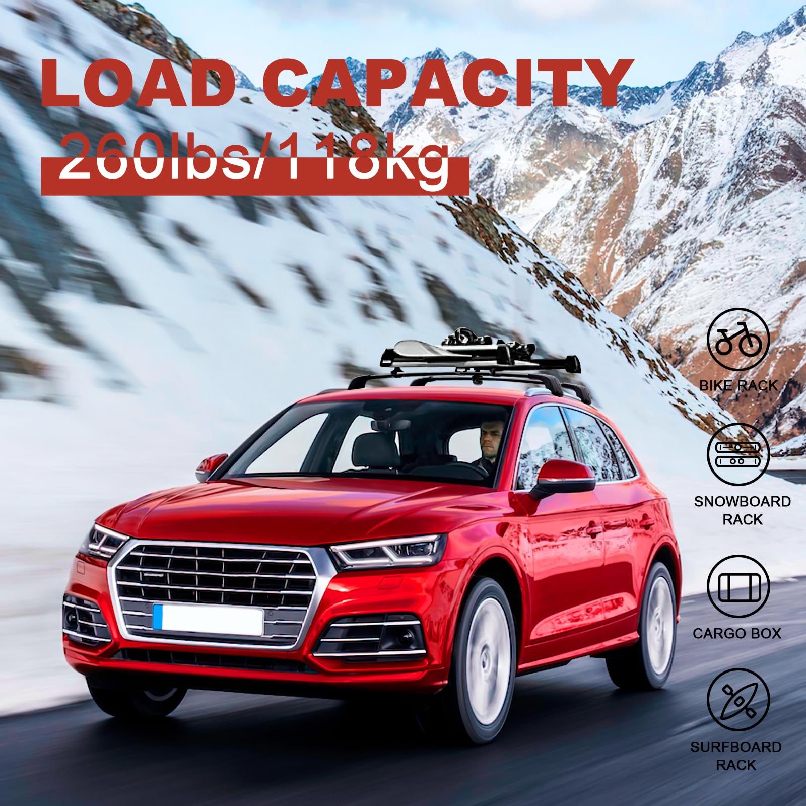 KINGGERI Heavy Duty 260lbs Roof Rack Cross Bars Fit for Audi Q5 2018-2025,Anti-Theft Lockable Aluminum