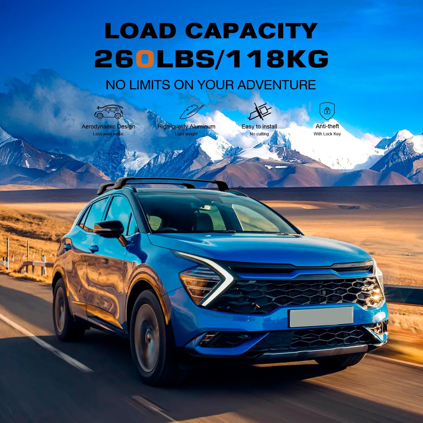 Lockable Roof Rack Cross Bars 260lbs Fit for 2023-2025 Kia Sportage SX/EX & SX/EX Prestige with Flush Rails