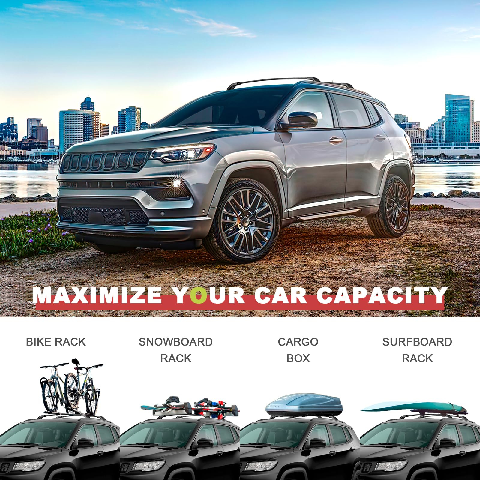 KINGGERI 260lbs Roof Racks Cross Bars Fit for Jeep Compass 2018-2025, Aluminum Heavy Duty Roof Rails Crossbars