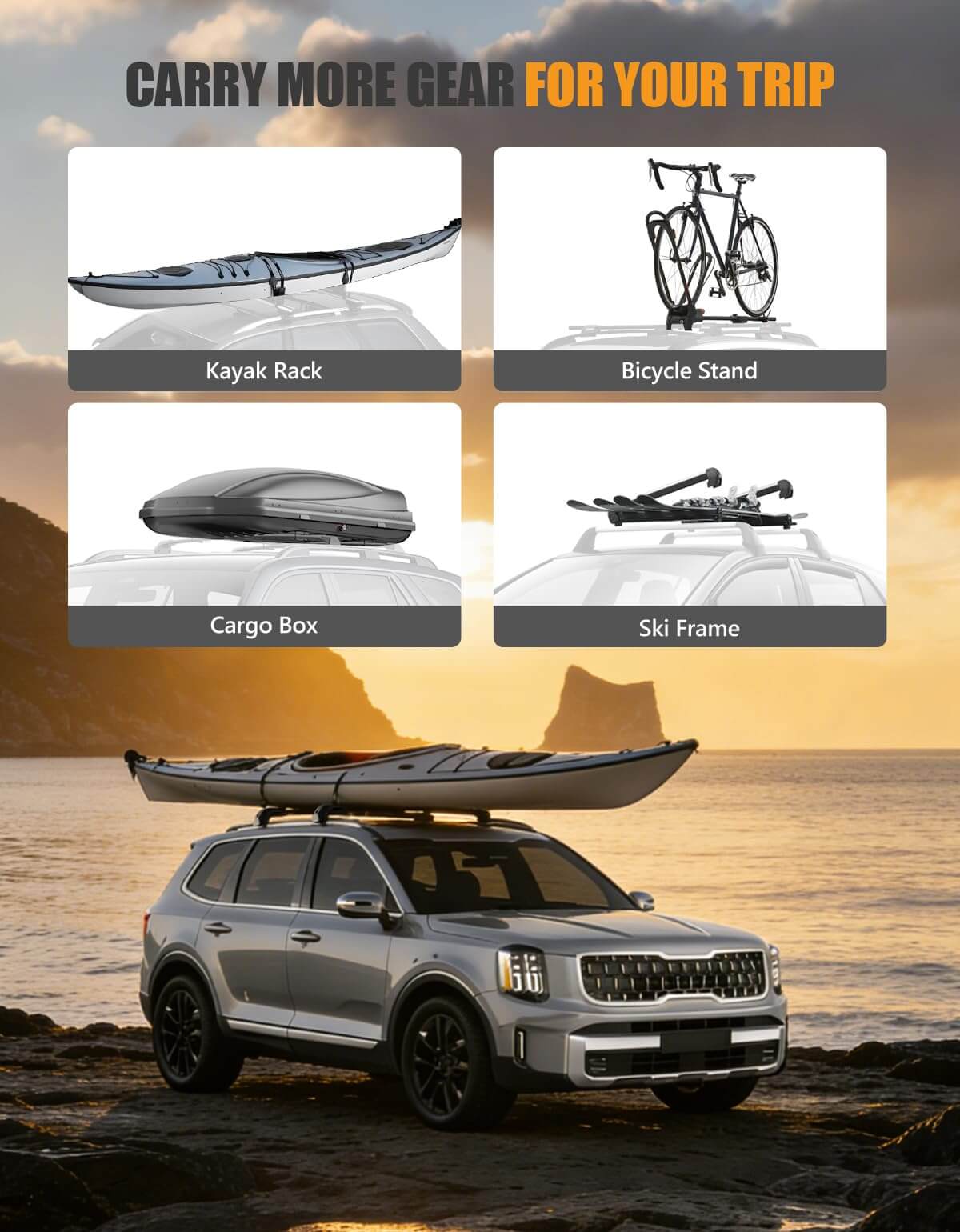 KINGGERI 330lb Lockable Roof Rack Cross Bars Compatible with Kia Telluride 2019-2026 EX S SX SX-Prestige