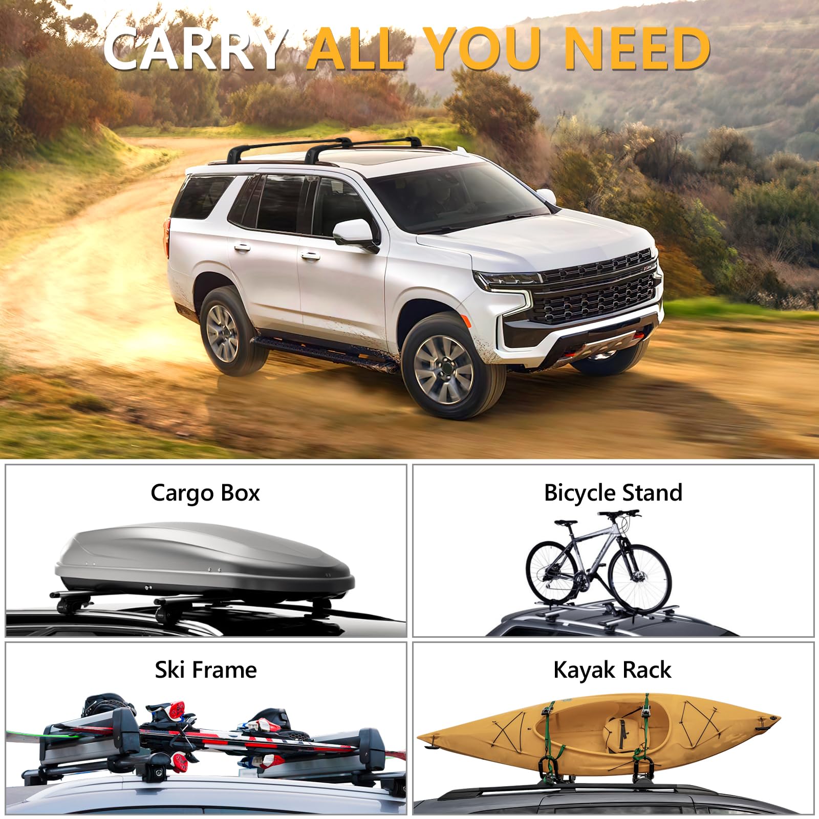 Lockable 220lb Roof Rack Cross Bars Compatible with 2021 2022 2023 2024 2025 Chevrolet Suburban & Tahoe GMC Yukon XL