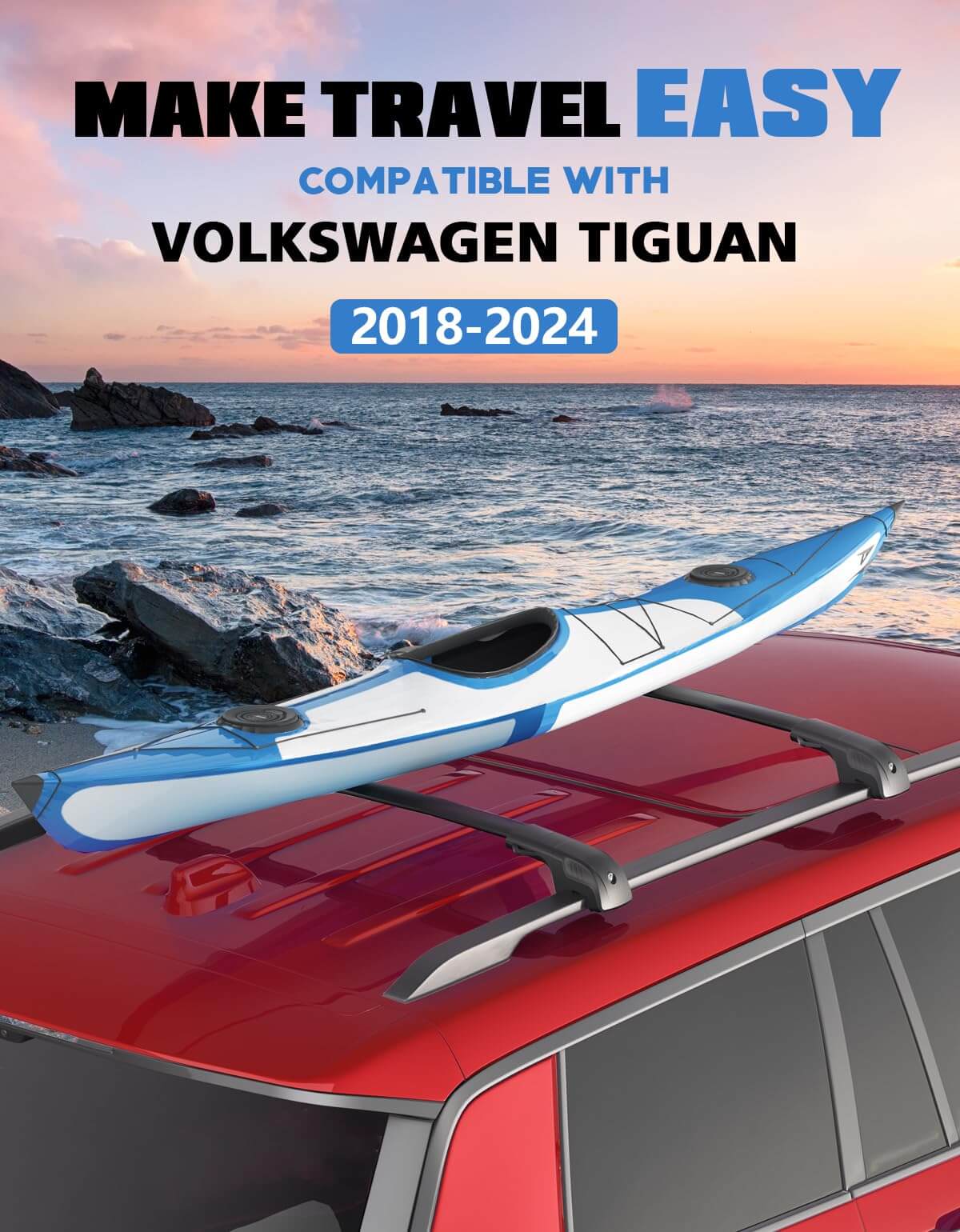 KINGGER Lockable Roof Rack Cross Bars 220lb Compatible with Volkswagen VW Tiguan 2018-2024 (Not for Limited) & Taos 2022-2024