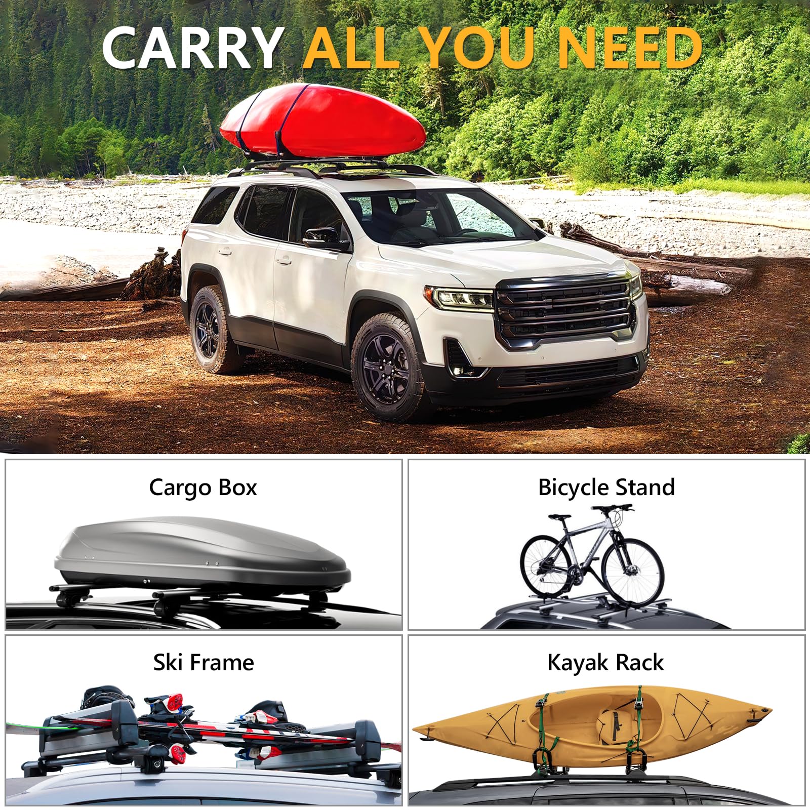 Lockable 220lbs Roof Rack Cross Bars Compatible with GMC Acadia 2017 2018 2019 2020 2021 2022 2023(with Raised Rails)