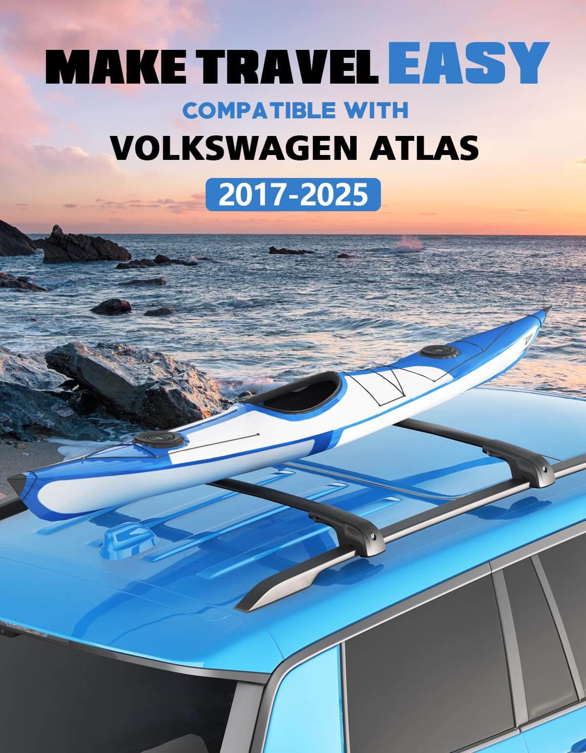 KINGGER Lockable Roof Rack Cross Bars 220lb Compatible with Volkswagen VW Atlas 2017-2025 with Raised Side Rails(Not for Atlas Cross Sport)