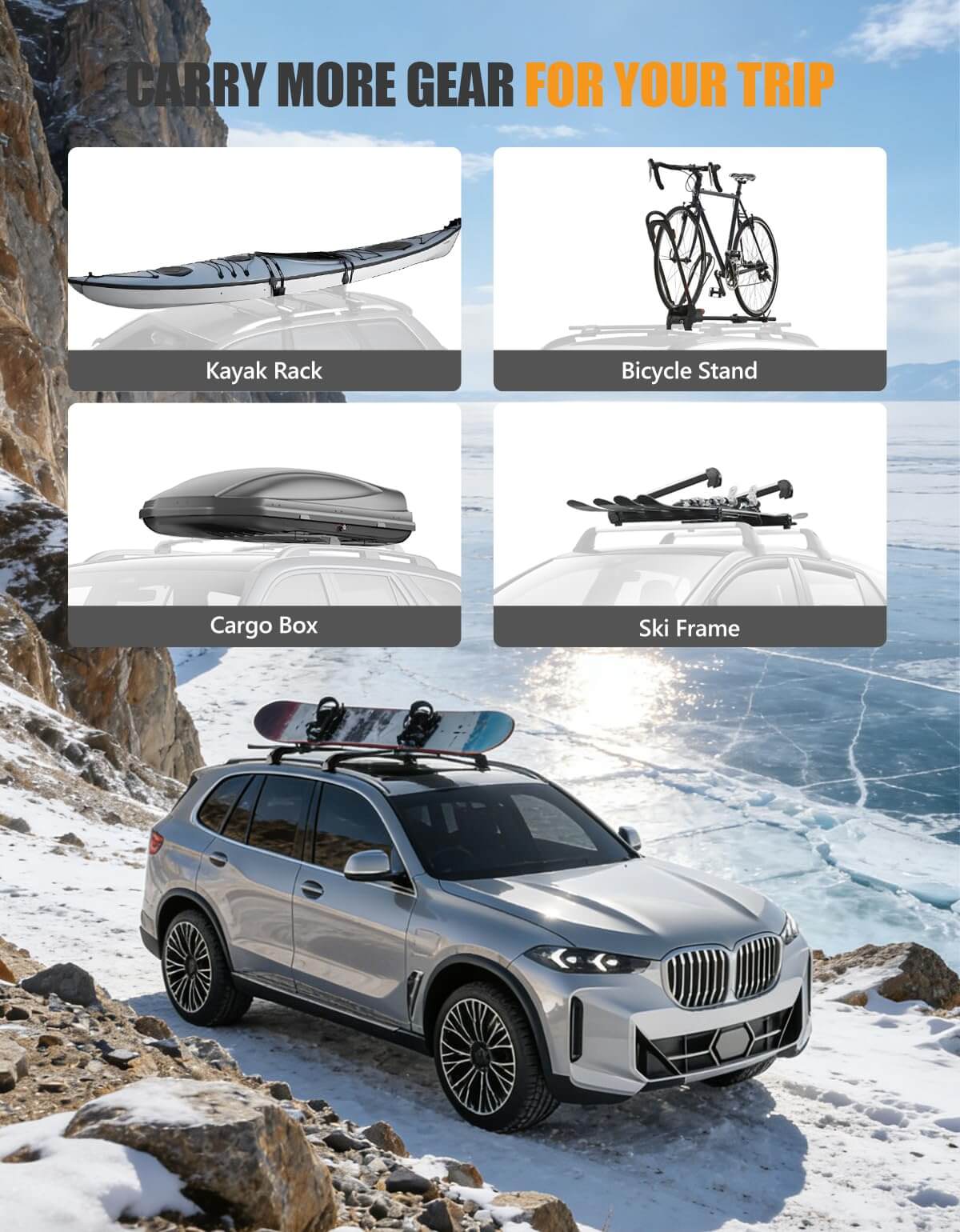 KINGGERI 330lb Lockable Roof Rack Cross Bars Compatible with BMW X5 G05 2019-2026 with Flush Side Rails