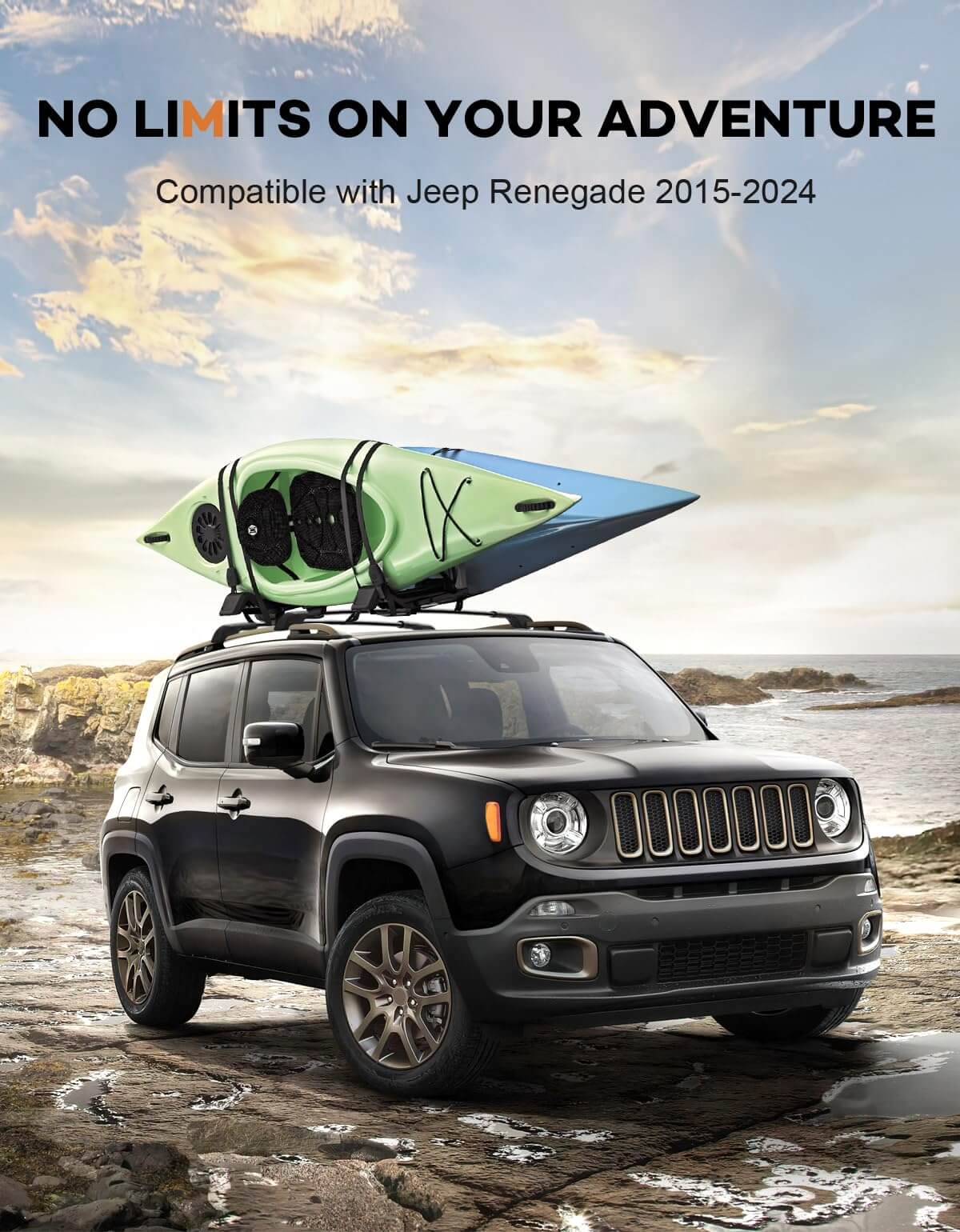 KINGGERI Lockable Roof Rack Cross Bars 220lbs Compatible with 2015-2024 Jeep Renegade (with Raised Side Rails)