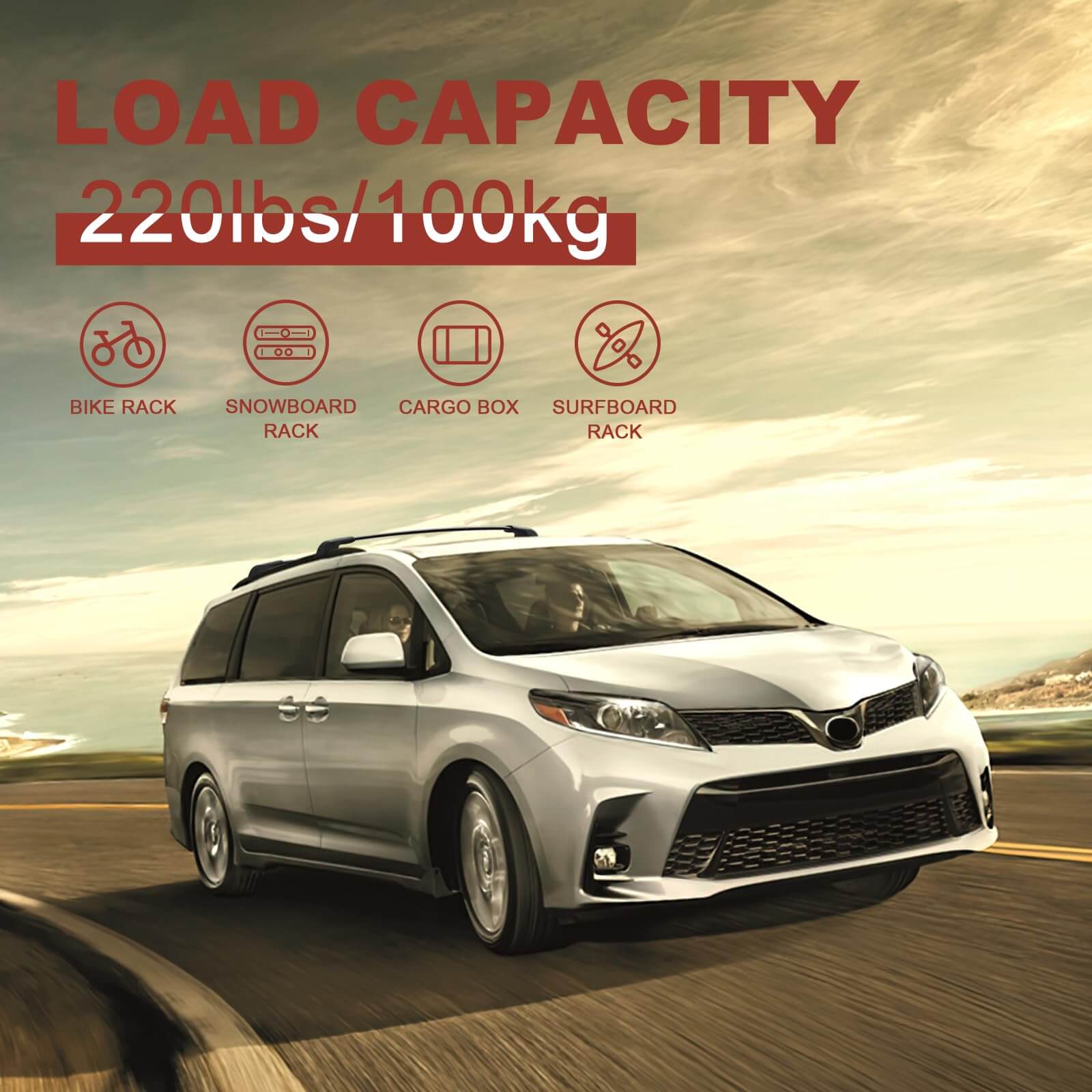 KINGGERI 220Lbs Roof Rack Cross Bars Compatible with Toyota Sienna 2011-2020, Heavy Duty Aluminum