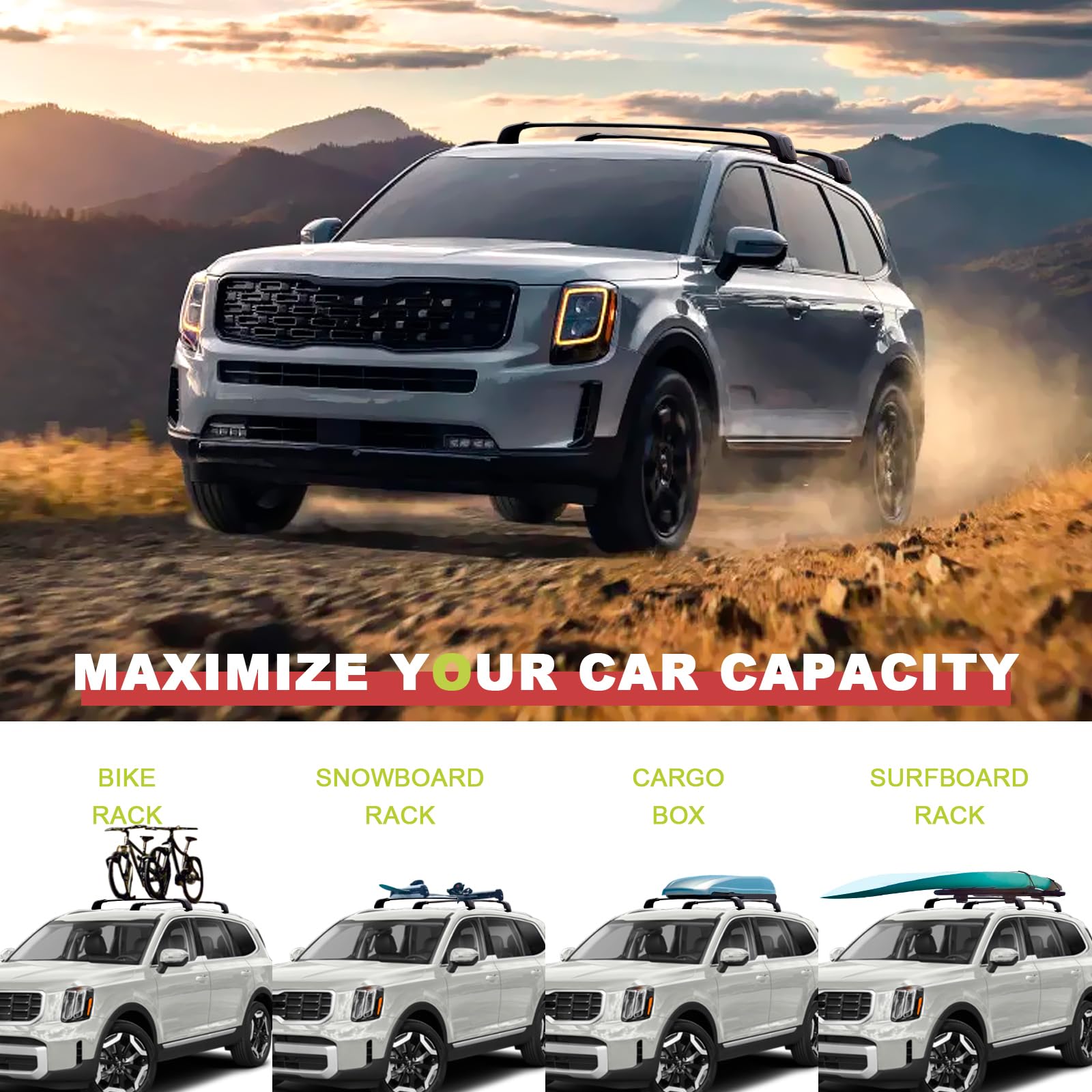 KINGGERI 260lbs Roof Rack Cross Bars Fit for Kia Telluride 2019-2025 EX S SX SX-Prestige (Not for LX, X-Line or X-Pro)