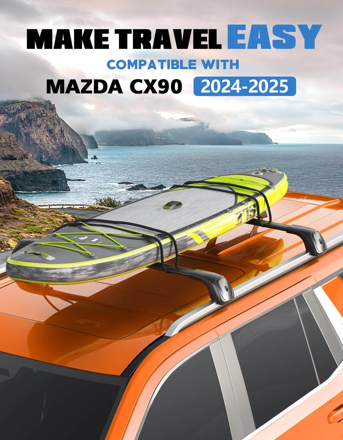 330lbs Roof Rack Cross Bars Compatible with 2024-2026 Mazda CX90 & CX-90 PHEV with Flush Side Rails