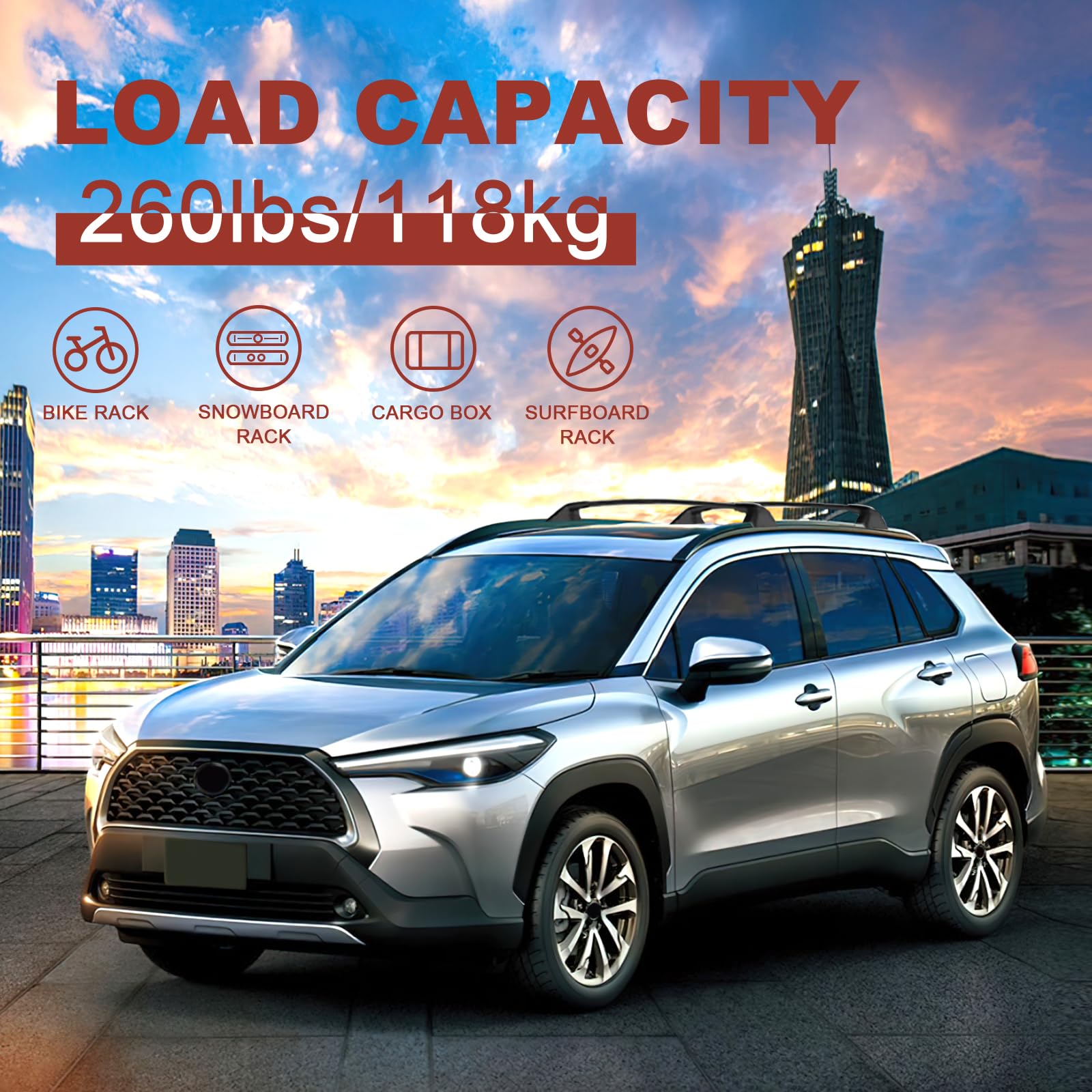 KINGGERI 260Lbs Lockable Roof Rack Cross Bars Compatible with Toyota Corolla Cross 2022-2026 (with Flush Side Rails)